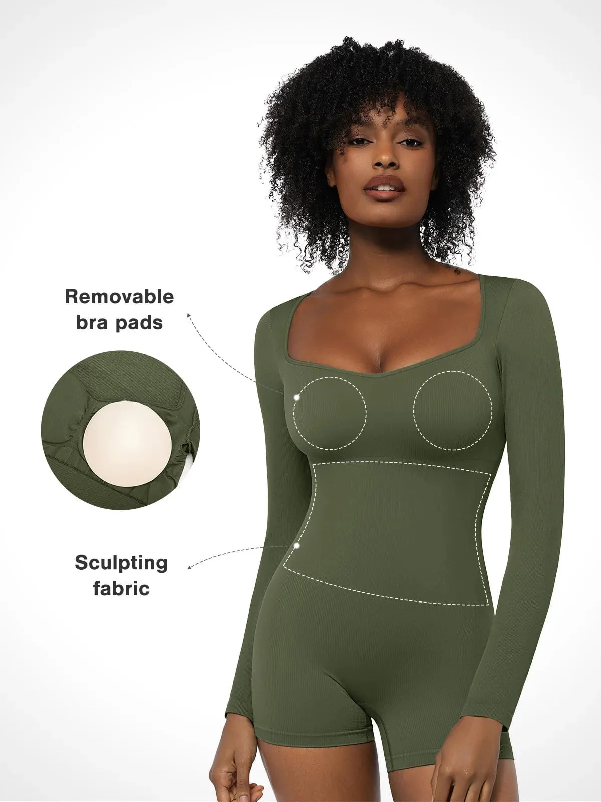 Shapewear Long Sleeve Sweetheart Neck Tummy Control Romper - Image 14