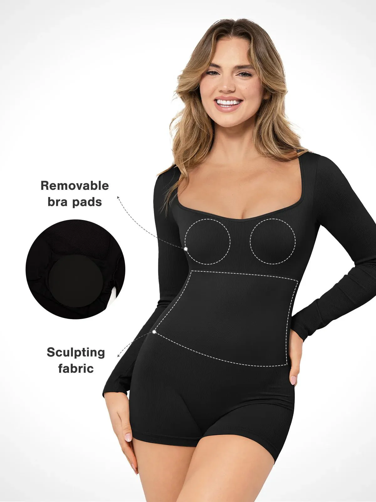Shapewear Long Sleeve Sweetheart Neck Tummy Control Romper - Image 2