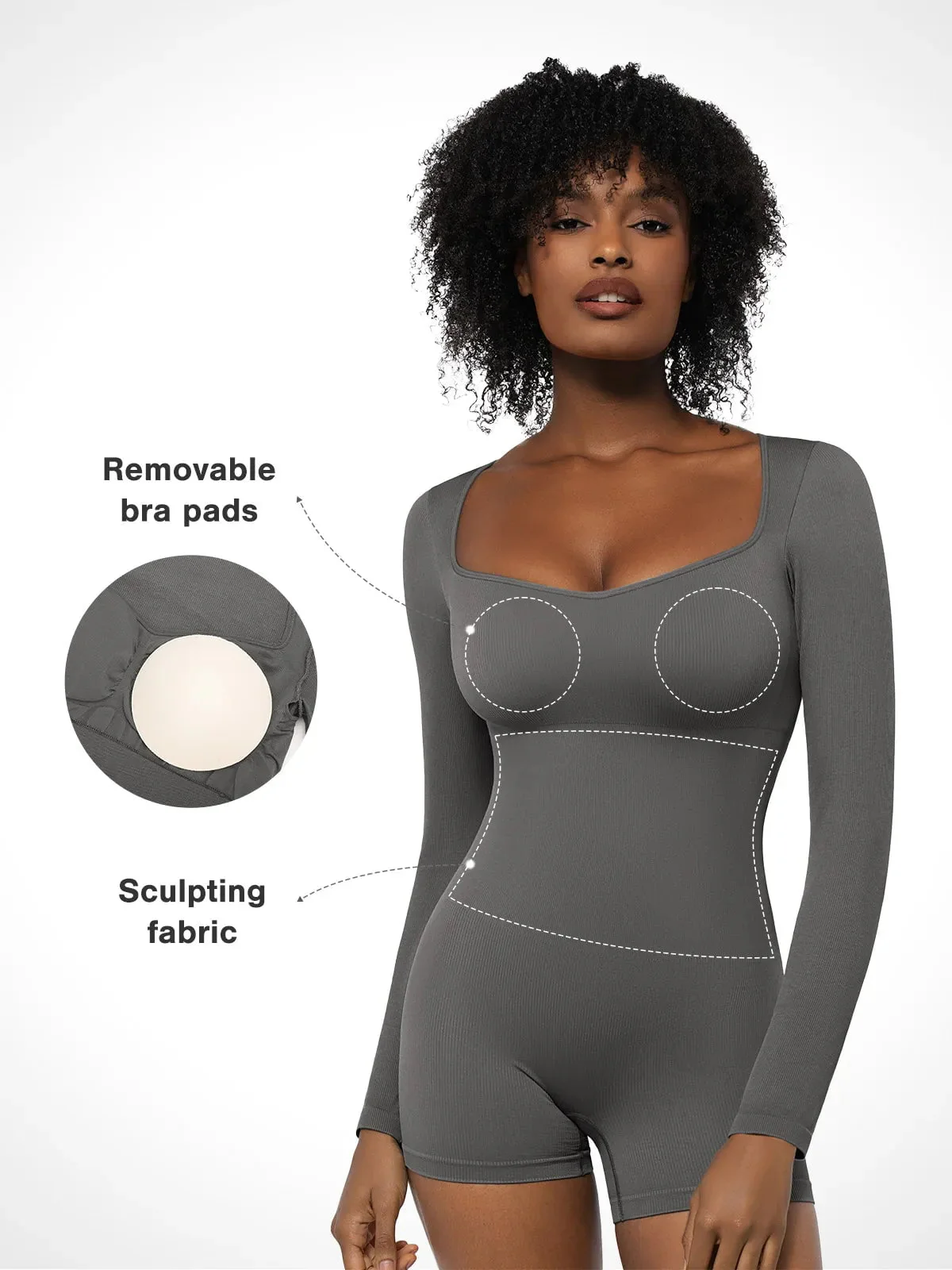 Shapewear Long Sleeve Sweetheart Neck Tummy Control Romper - Image 26