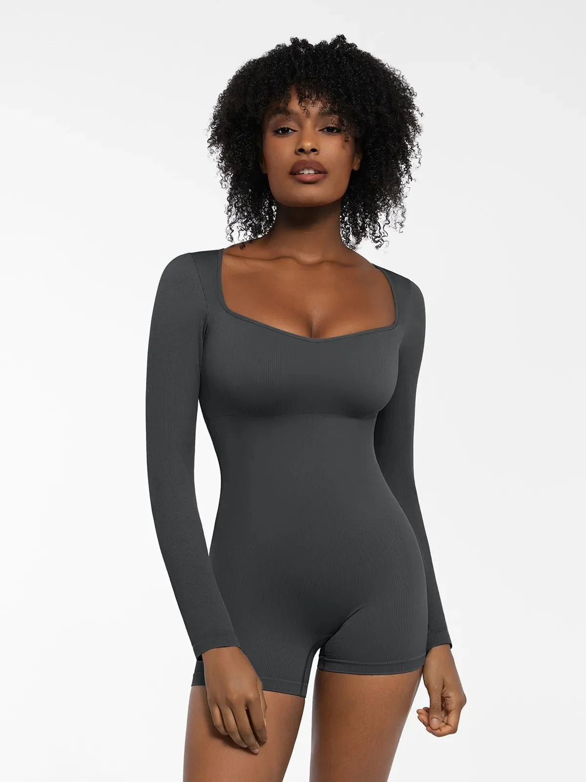 Shapewear Long Sleeve Sweetheart Neck Tummy Control Romper - Image 29