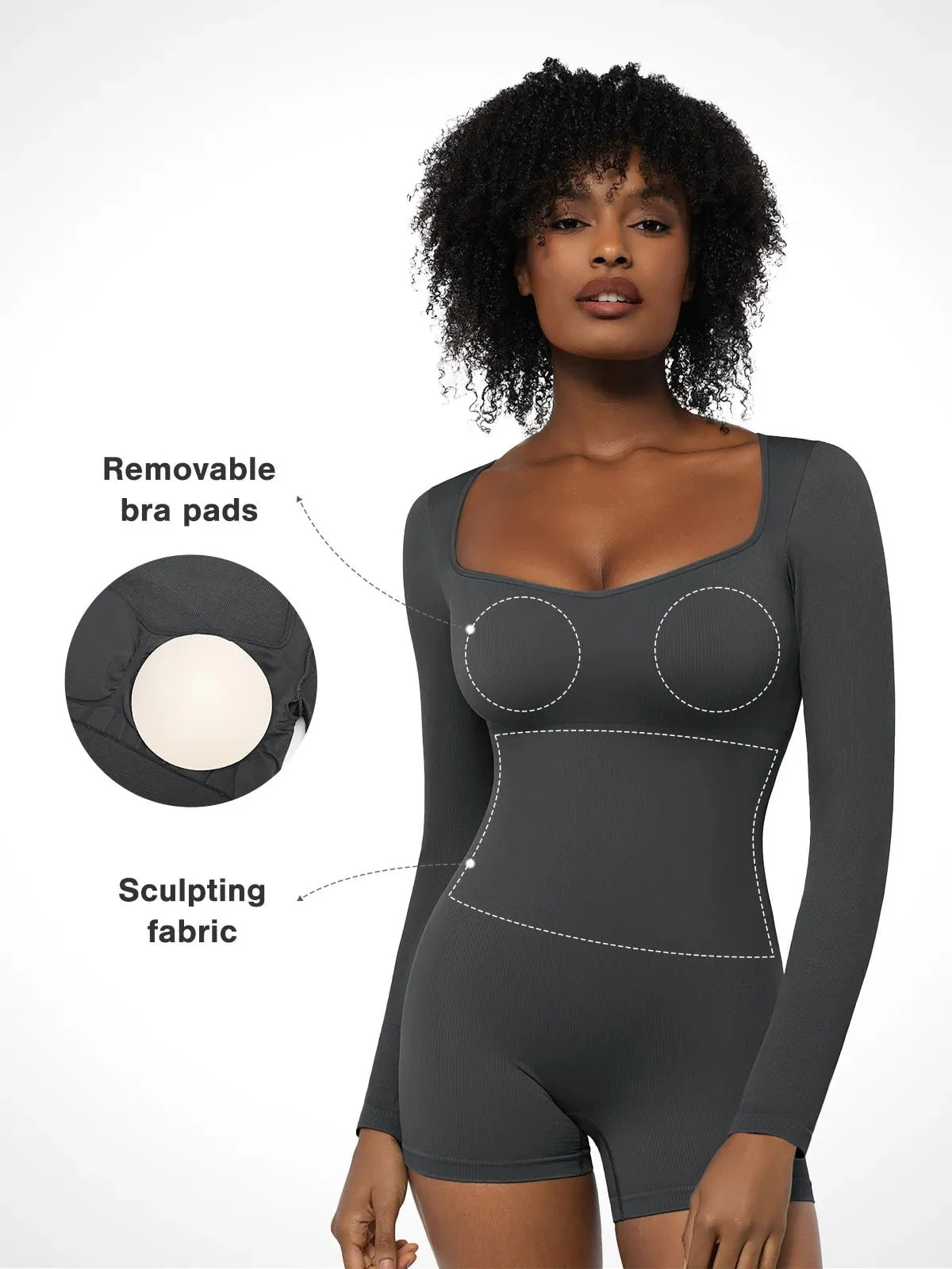 Shapewear Long Sleeve Sweetheart Neck Tummy Control Romper - Image 30