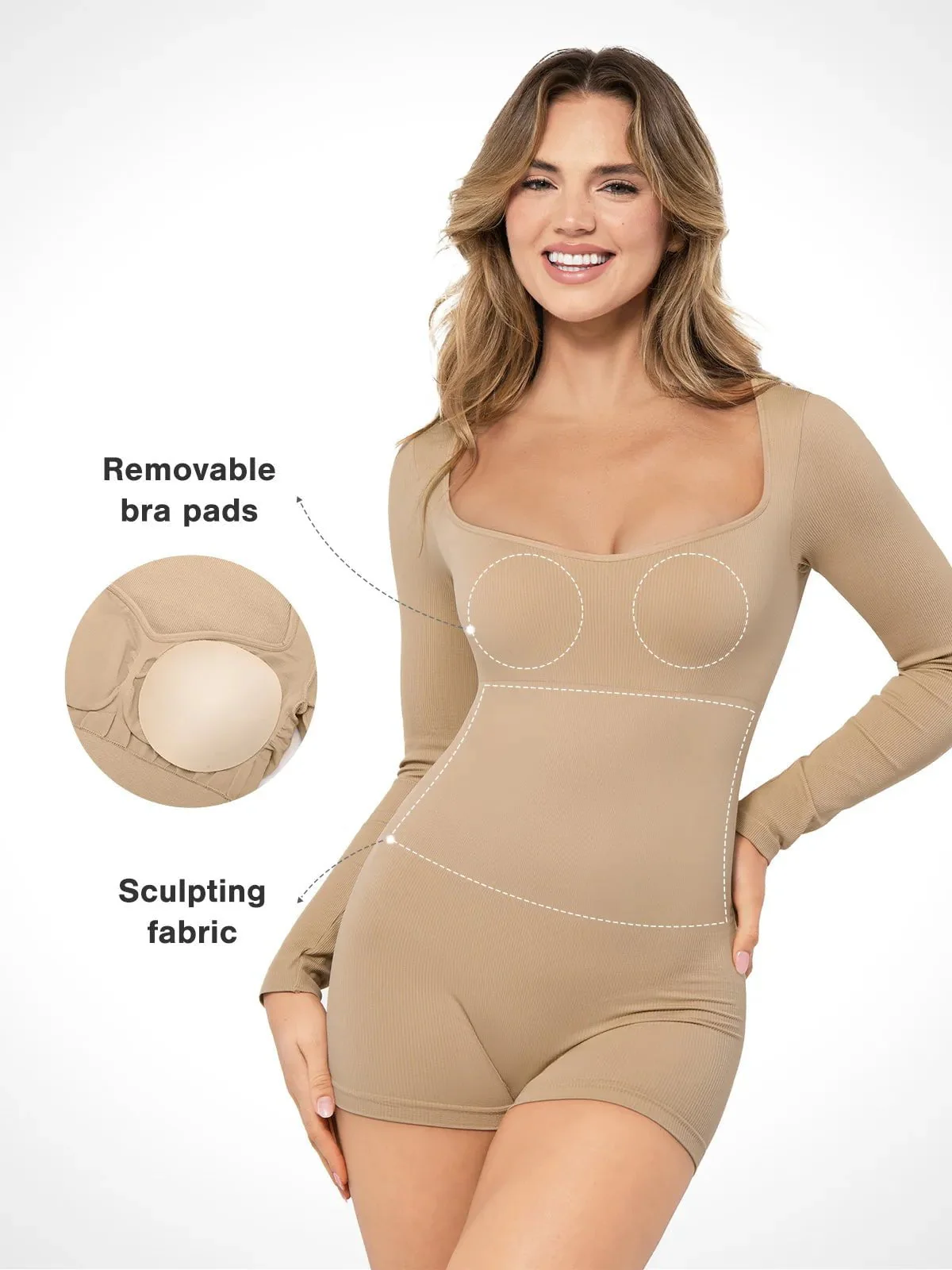 Shapewear Long Sleeve Sweetheart Neck Tummy Control Romper - Image 6