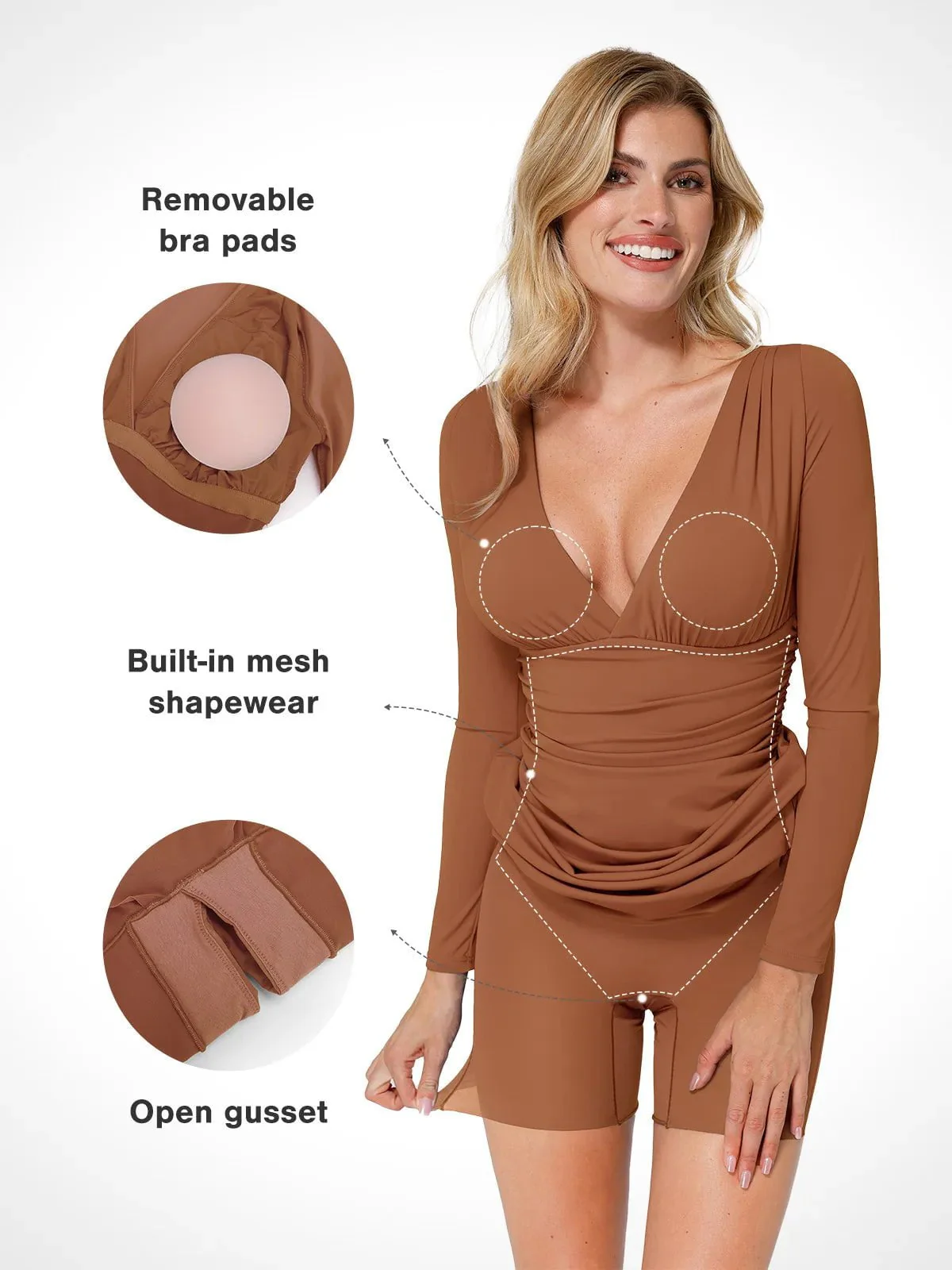 Shapewear Long Sleeve V-Neck Ruched Bodycon Midi Dress - Image 15
