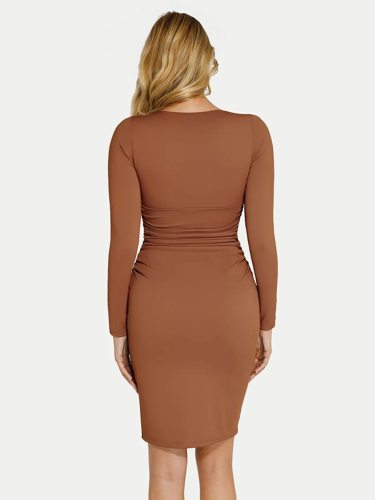 Shapewear Long Sleeve V-Neck Ruched Bodycon Midi Dress - Image 17