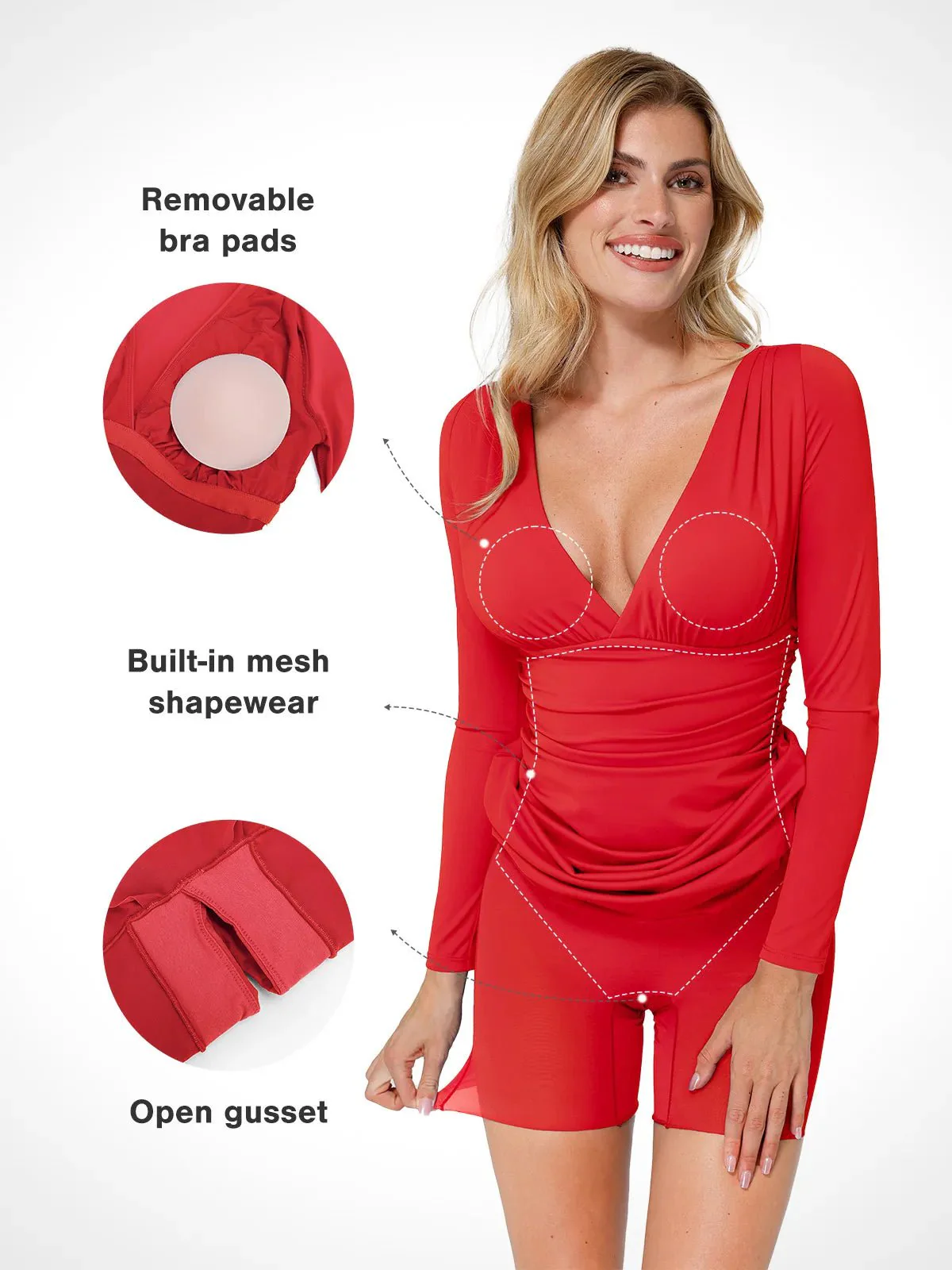 Shapewear Long Sleeve V-Neck Ruched Bodycon Midi Dress - Image 2