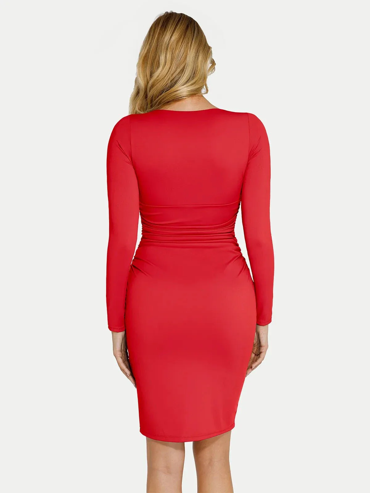 Shapewear Long Sleeve V-Neck Ruched Bodycon Midi Dress - Image 4