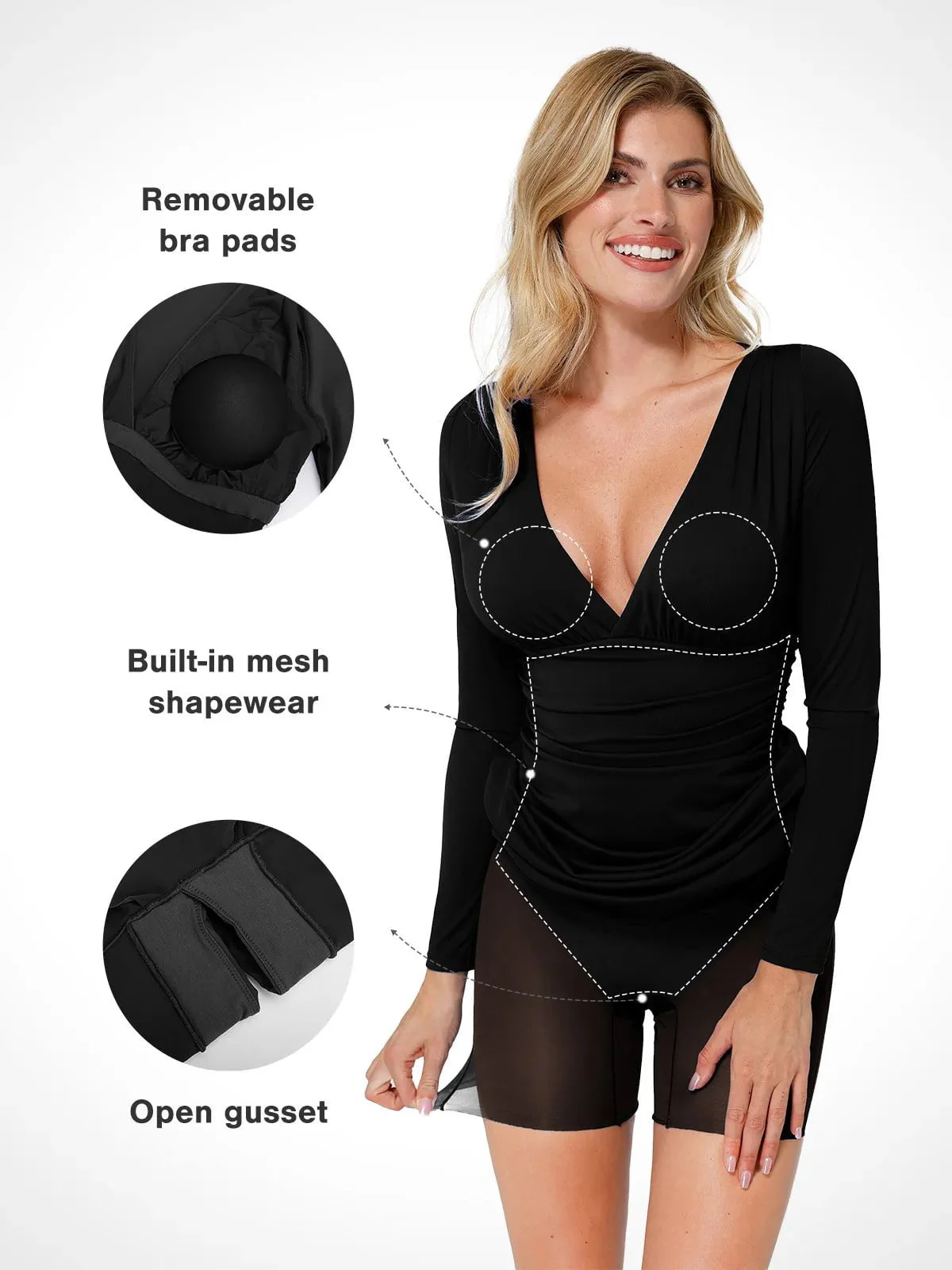 Shapewear Long Sleeve V-Neck Ruched Bodycon Midi Dress - Image 9