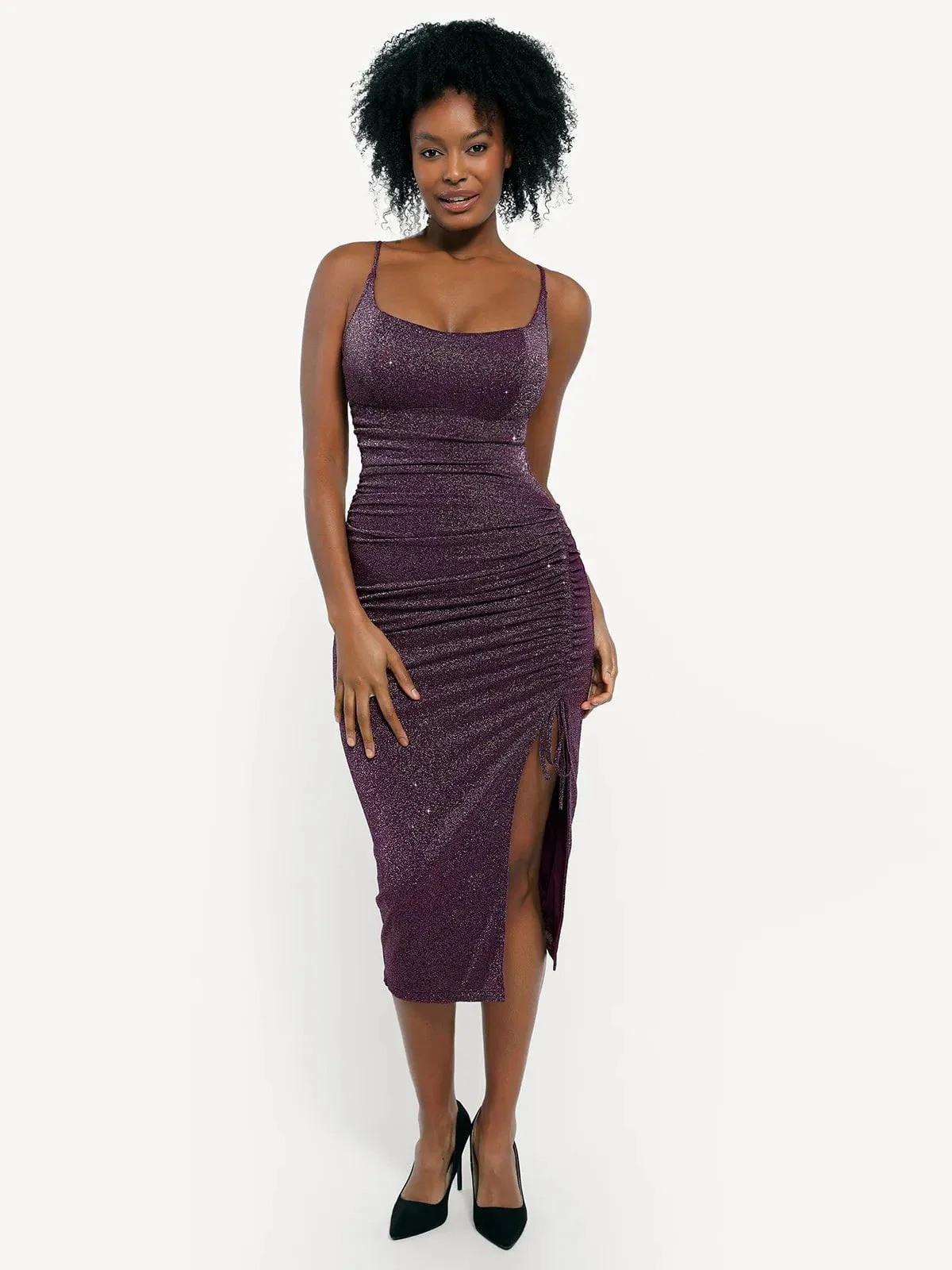 Shapewear Metallic Knit Bodycon Sculpting Midi Slip Dress - Image 7