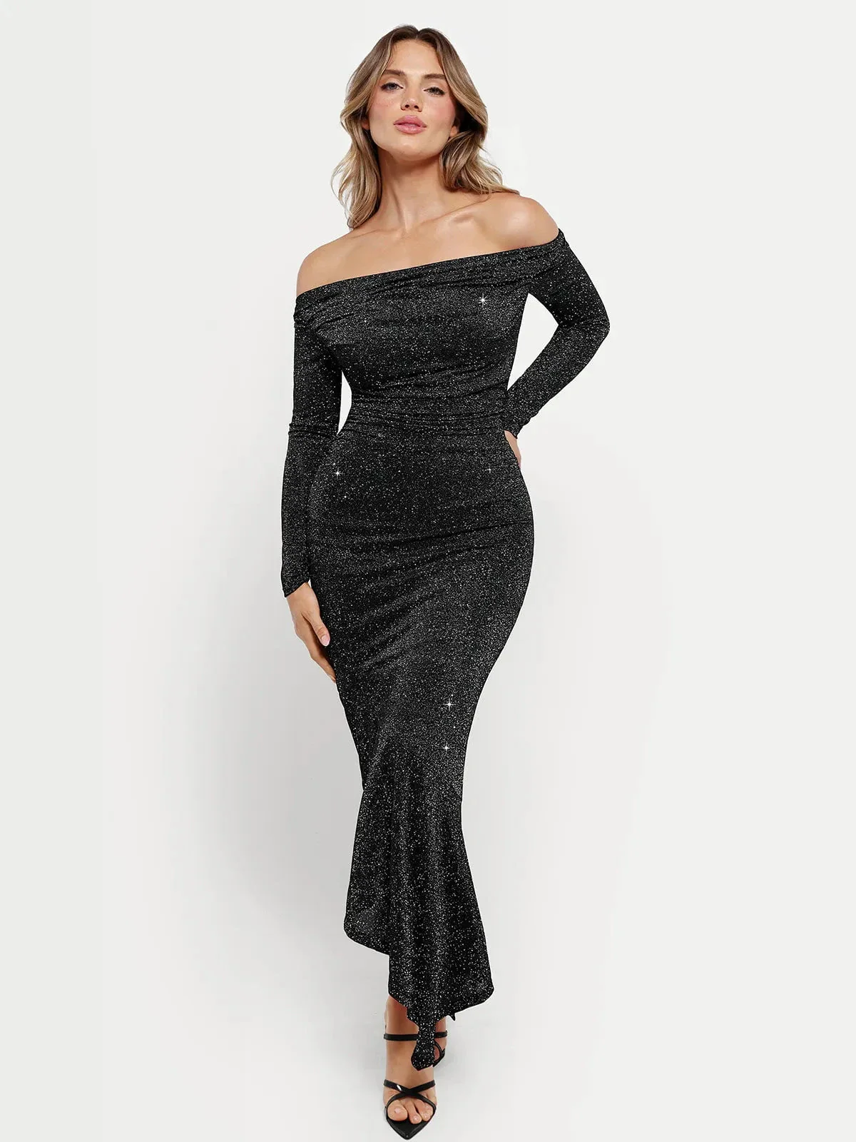 Shapewear Metallic Knit Long Sleeve Slim Mermaid Maxi Dress - Image 14