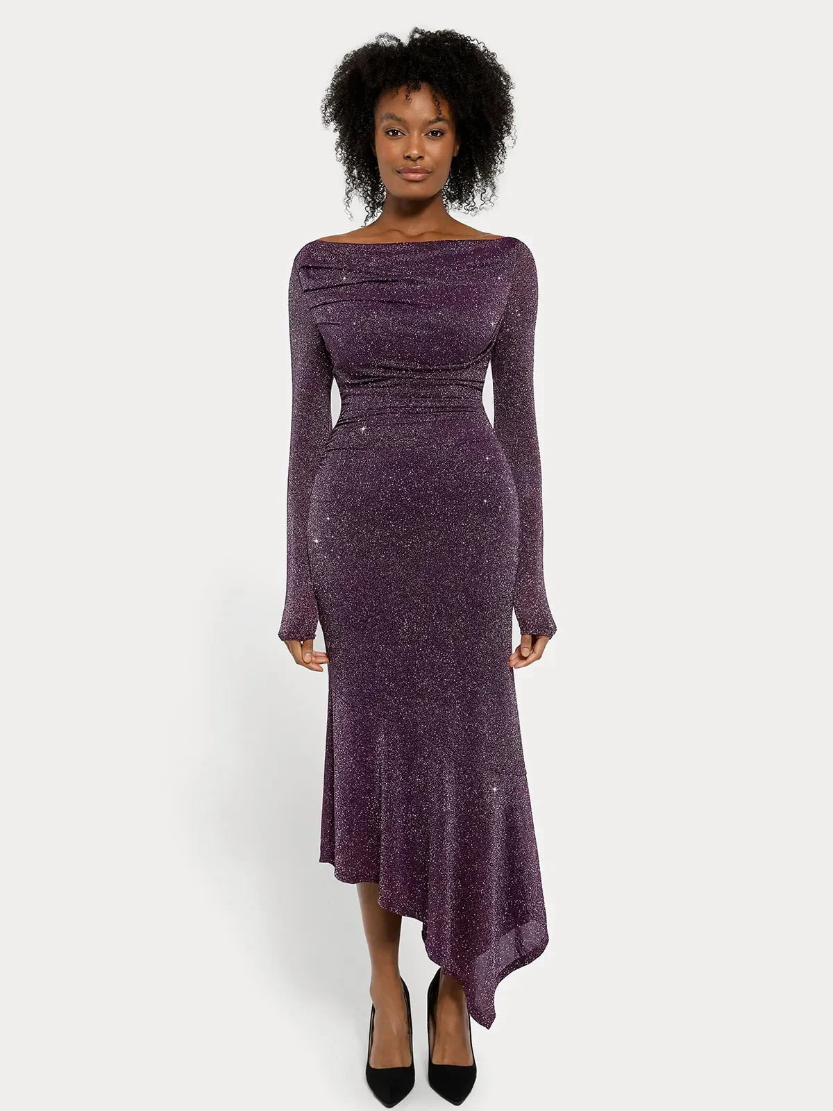 Shapewear Metallic Knit Long Sleeve Slim Mermaid Maxi Dress - Image 2
