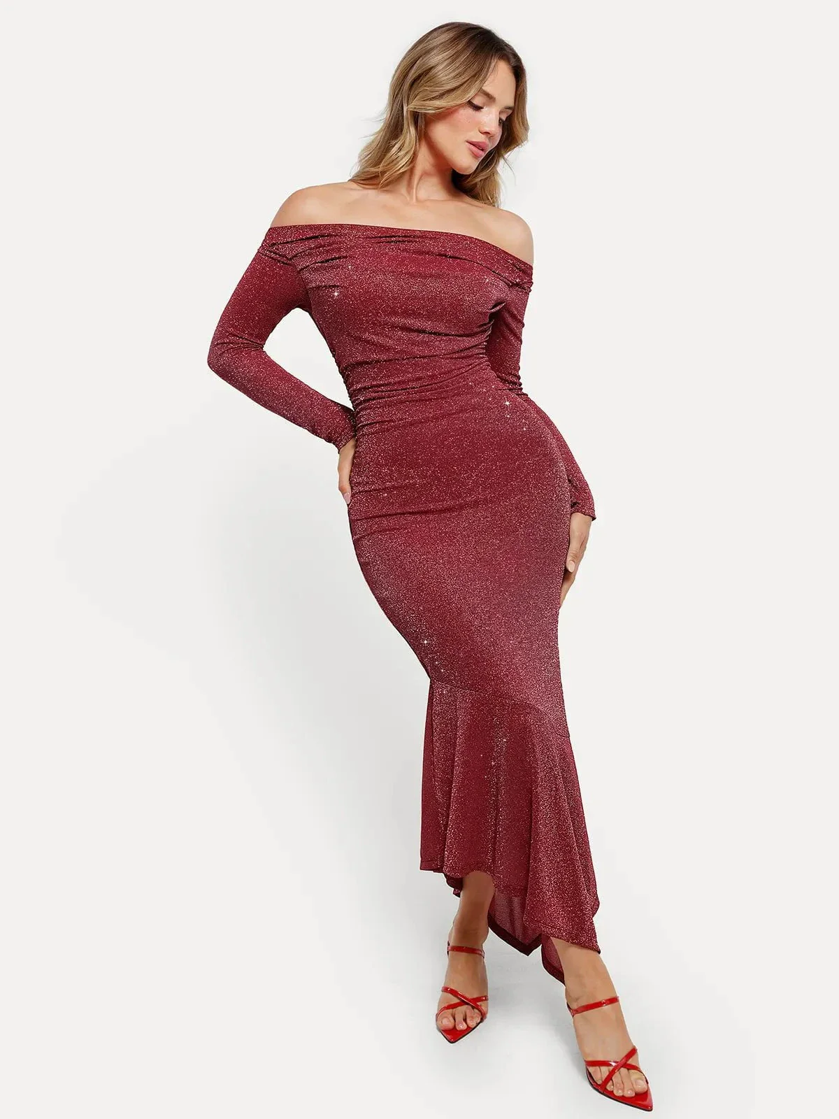 Shapewear Metallic Knit Long Sleeve Slim Mermaid Maxi Dress - Image 24