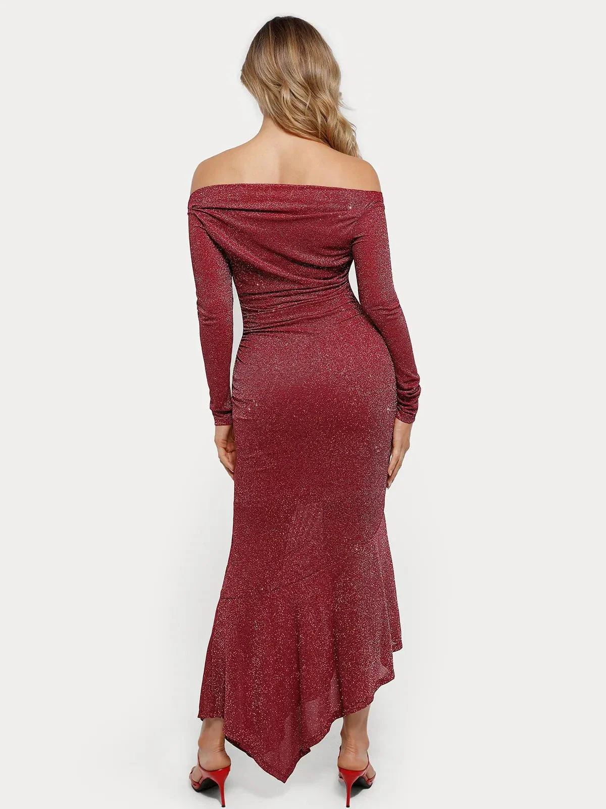 Shapewear Metallic Knit Long Sleeve Slim Mermaid Maxi Dress - Image 25