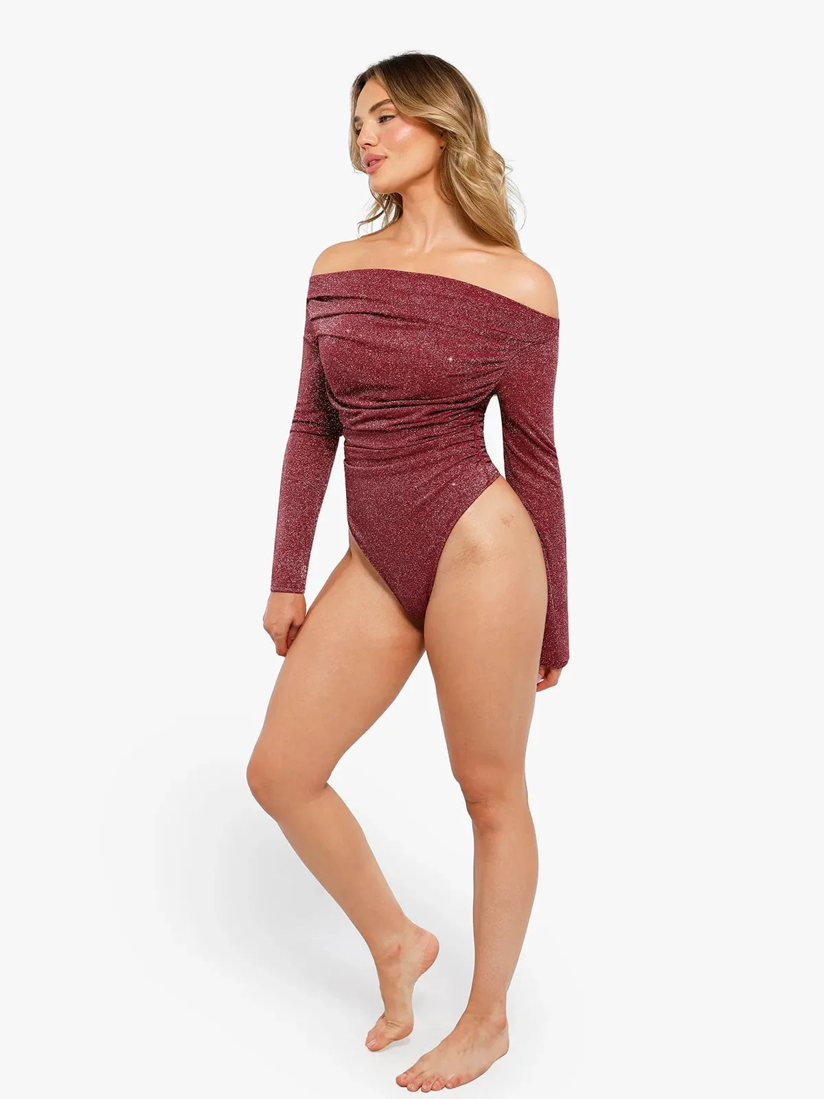 Shapewear Metallic Knit Long Sleeve Slimming Bodysuit - Image 14