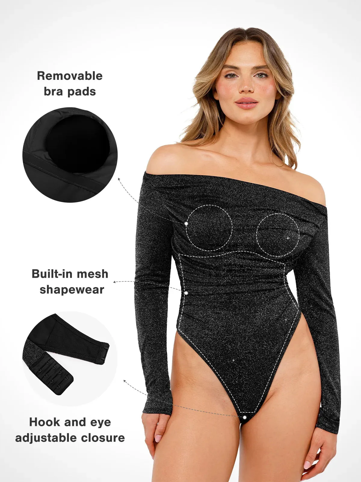 Shapewear Metallic Knit Long Sleeve Slimming Bodysuit - Image 2