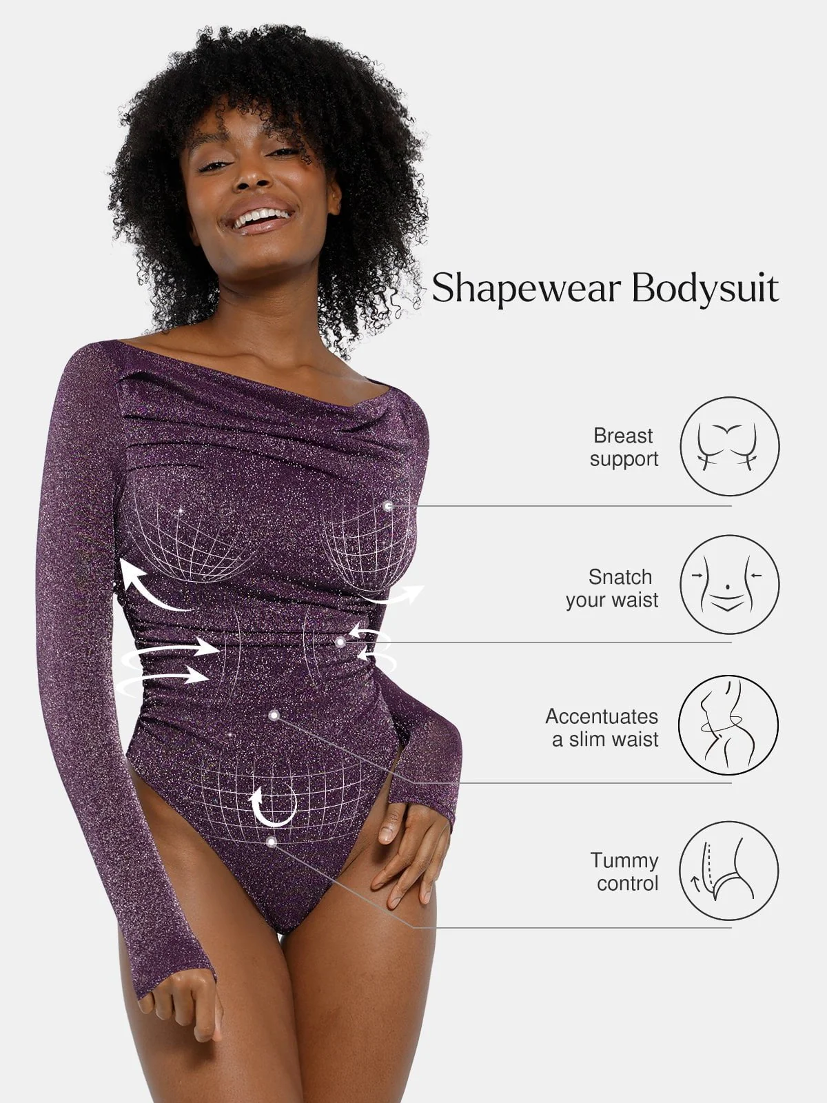 Shapewear Metallic Knit Long Sleeve Slimming Bodysuit - Image 27