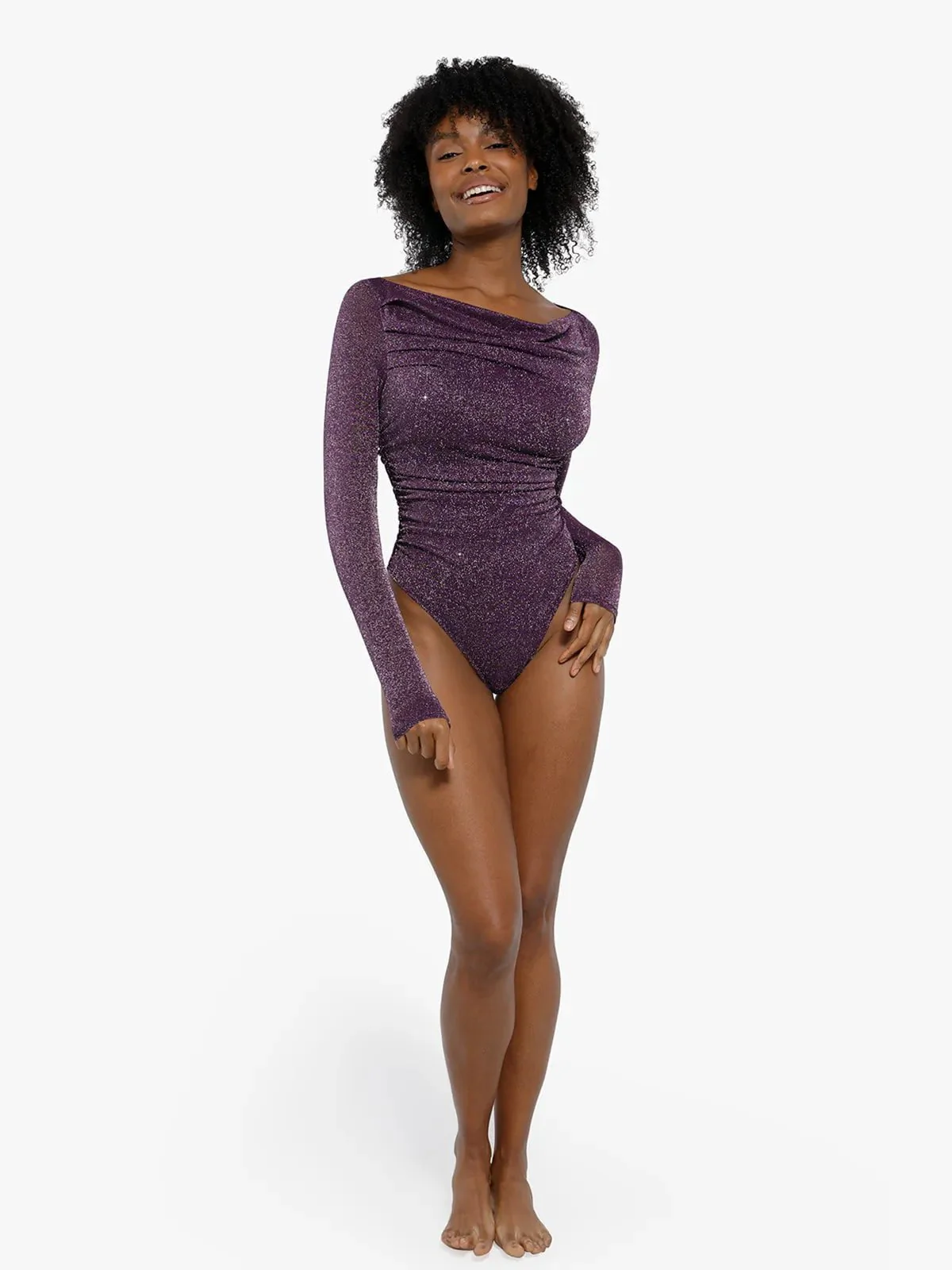 Shapewear Metallic Knit Long Sleeve Slimming Bodysuit - Image 35