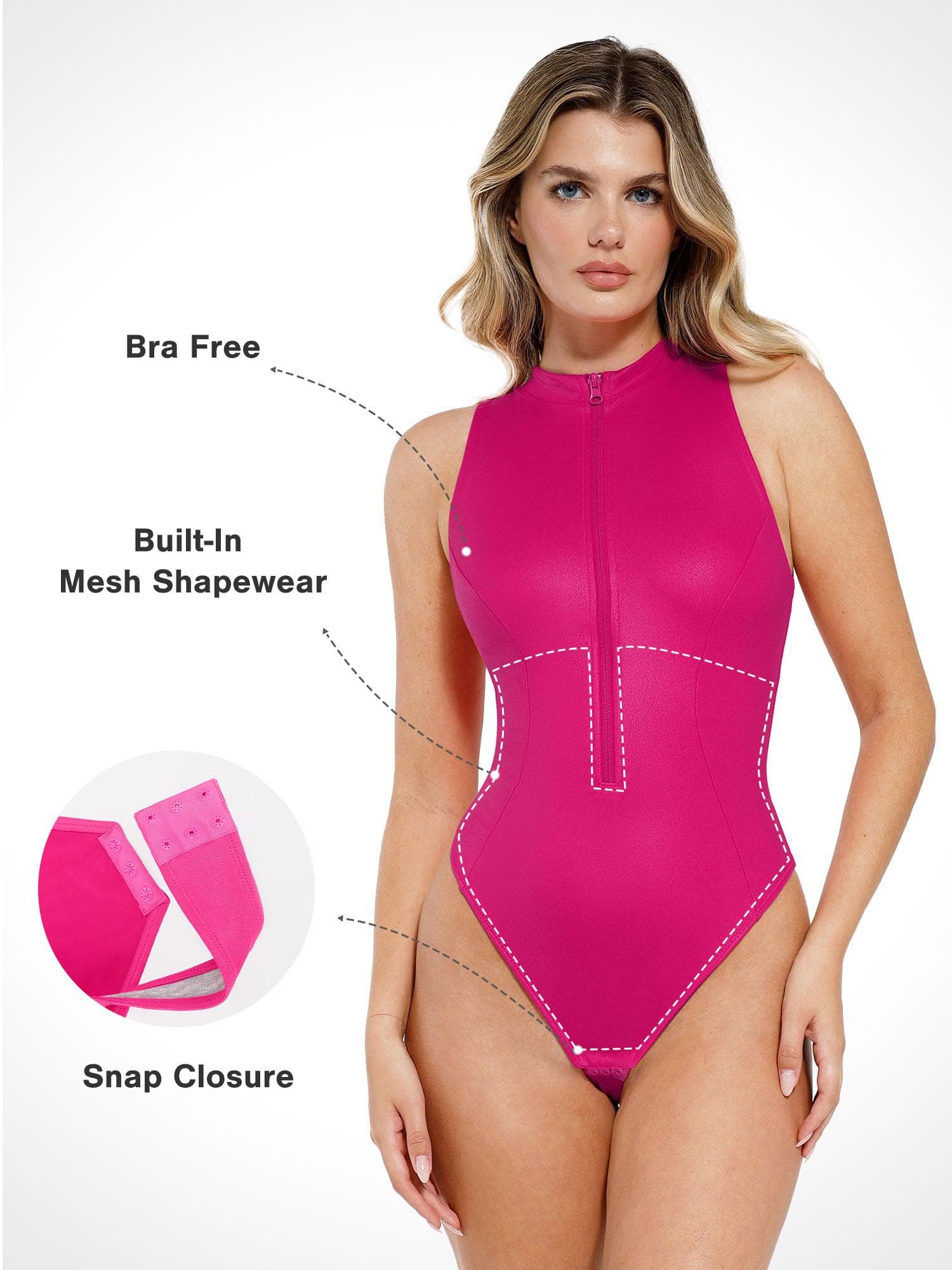 Shapewear Faux Leather Mock Neck Zip Front Sculpting Bodysuit - Image 10