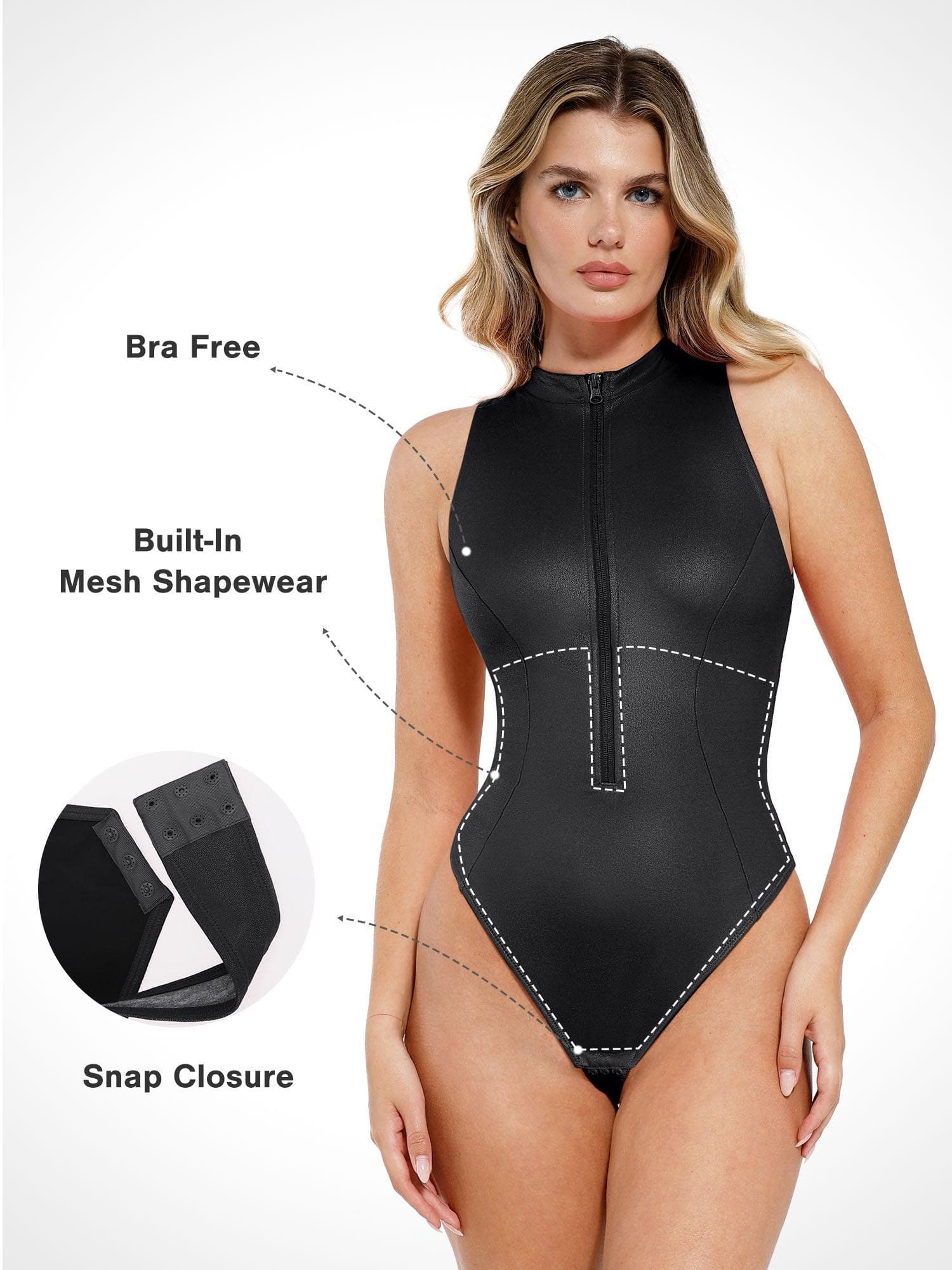 Shapewear Faux Leather Mock Neck Zip Front Sculpting Bodysuit - Image 2