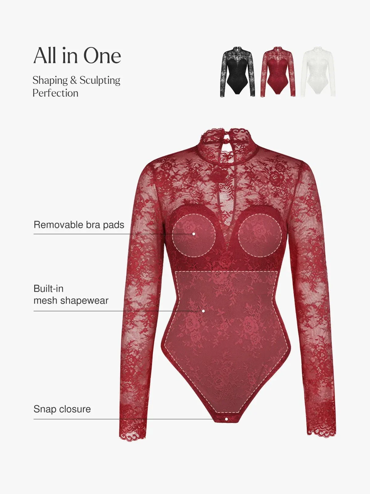 Shapewear Mock Neck Long Sleeve Floral Lace Bodysuit - Image 10