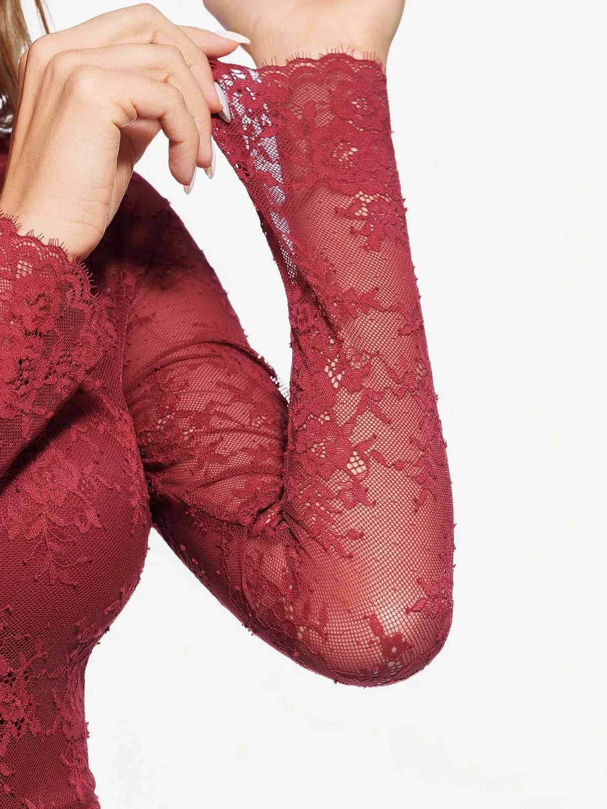 Shapewear Mock Neck Long Sleeve Floral Lace Bodysuit - Image 15