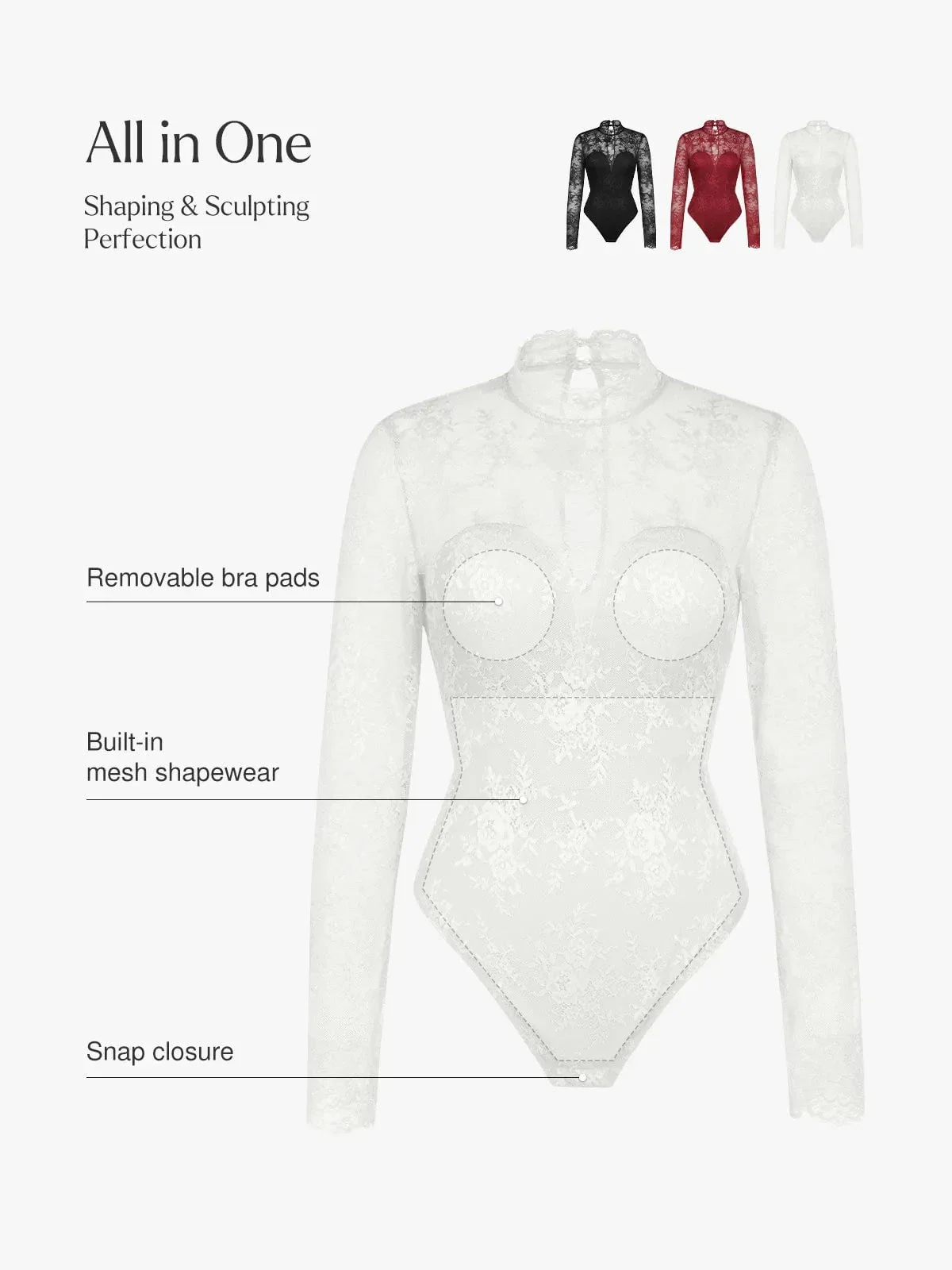 Shapewear Mock Neck Long Sleeve Floral Lace Bodysuit - Image 18