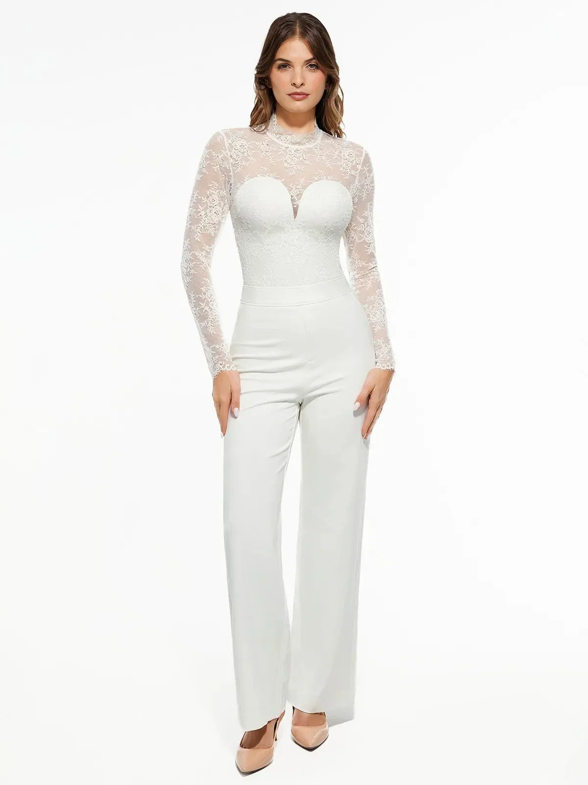 Shapewear Mock Neck Long Sleeve Floral Lace Bodysuit - Image 24