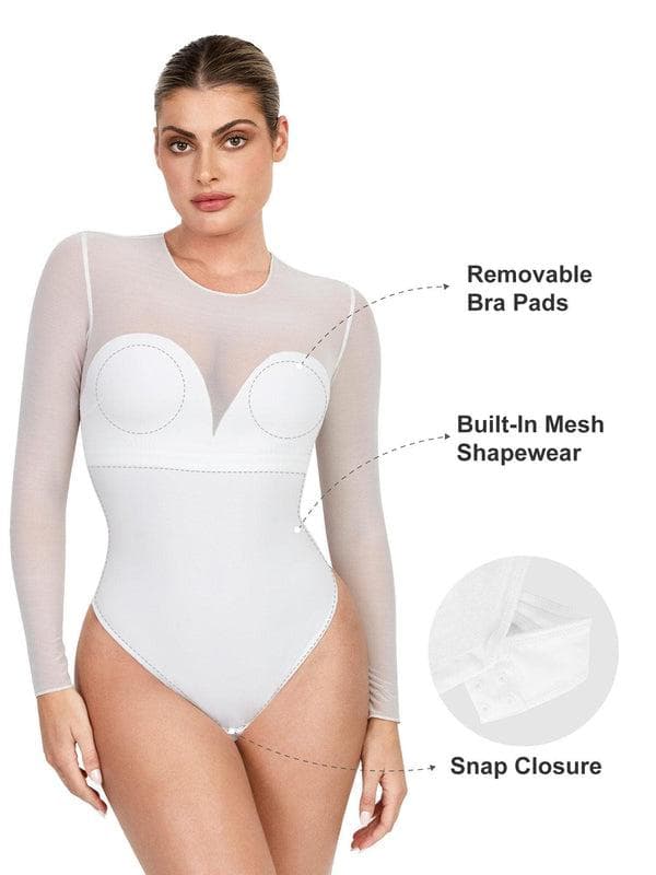 Shapewear Mock Neck Long Sleeve Floral Lace Bodysuit - Image 28
