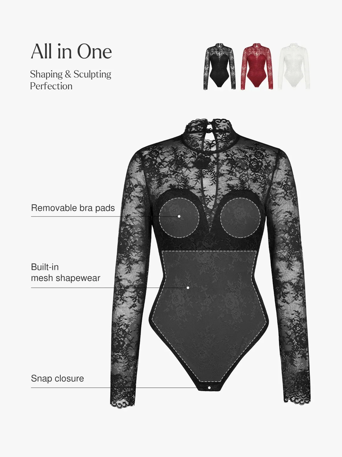 Shapewear Mock Neck Long Sleeve Floral Lace Bodysuit - Image 3
