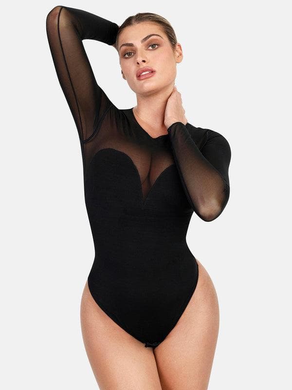 Shapewear Mock Neck Long Sleeve Floral Lace Bodysuit - Image 48