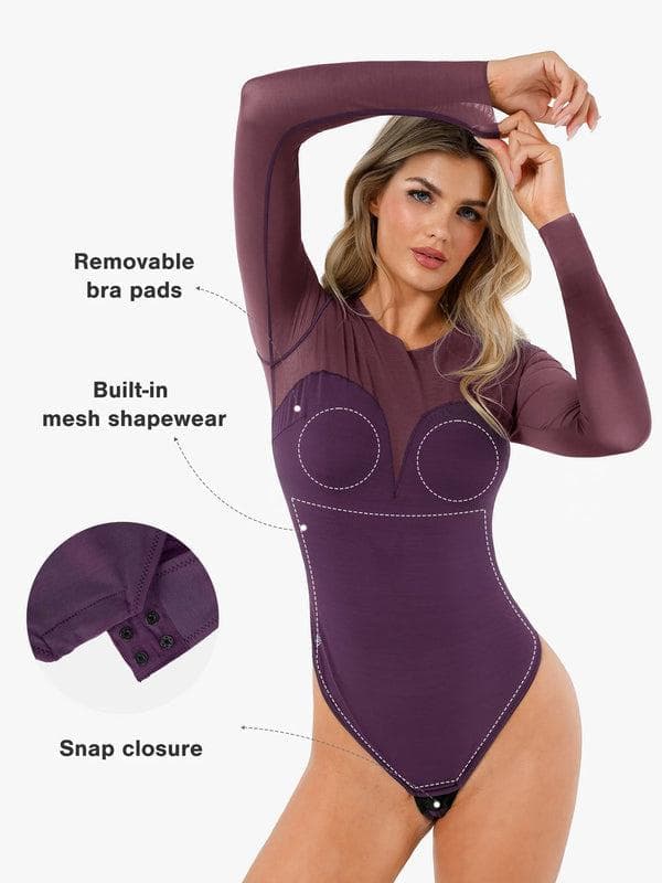 Shapewear Mock Neck Long Sleeve Floral Lace Bodysuit - Image 51