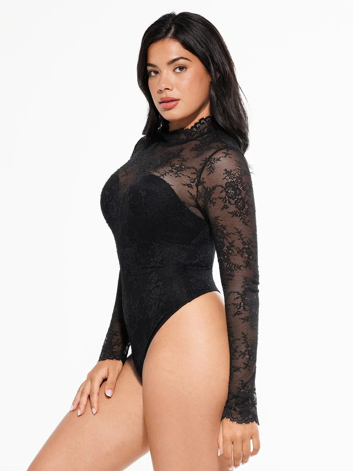 Shapewear Mock Neck Long Sleeve Floral Lace Bodysuit - Image 7