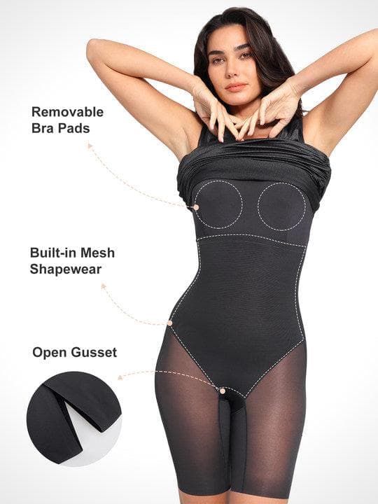 Shapewear Off-Shoulder Ruched Shine Sculpting Midi Dress - Image 9