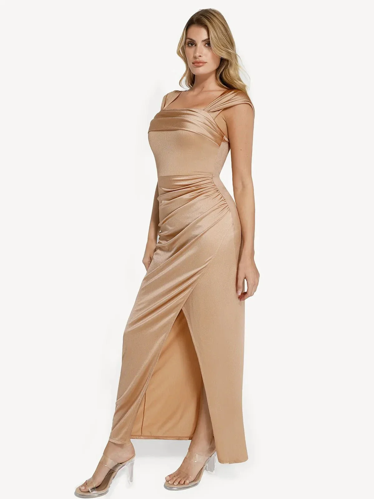 Shapewear Off Shoulder Shine Ruched Sculpting Maxi Dress - Image 14