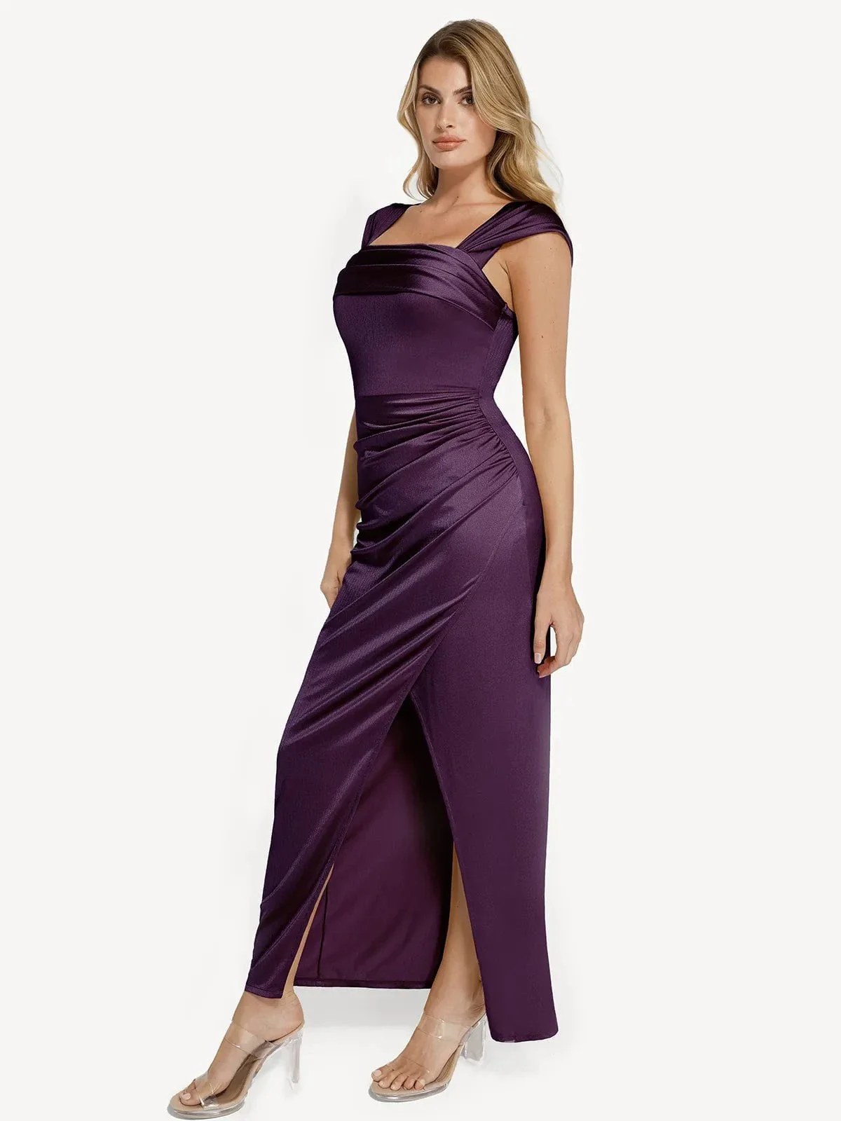 Shapewear Off Shoulder Shine Ruched Sculpting Maxi Dress - Image 4
