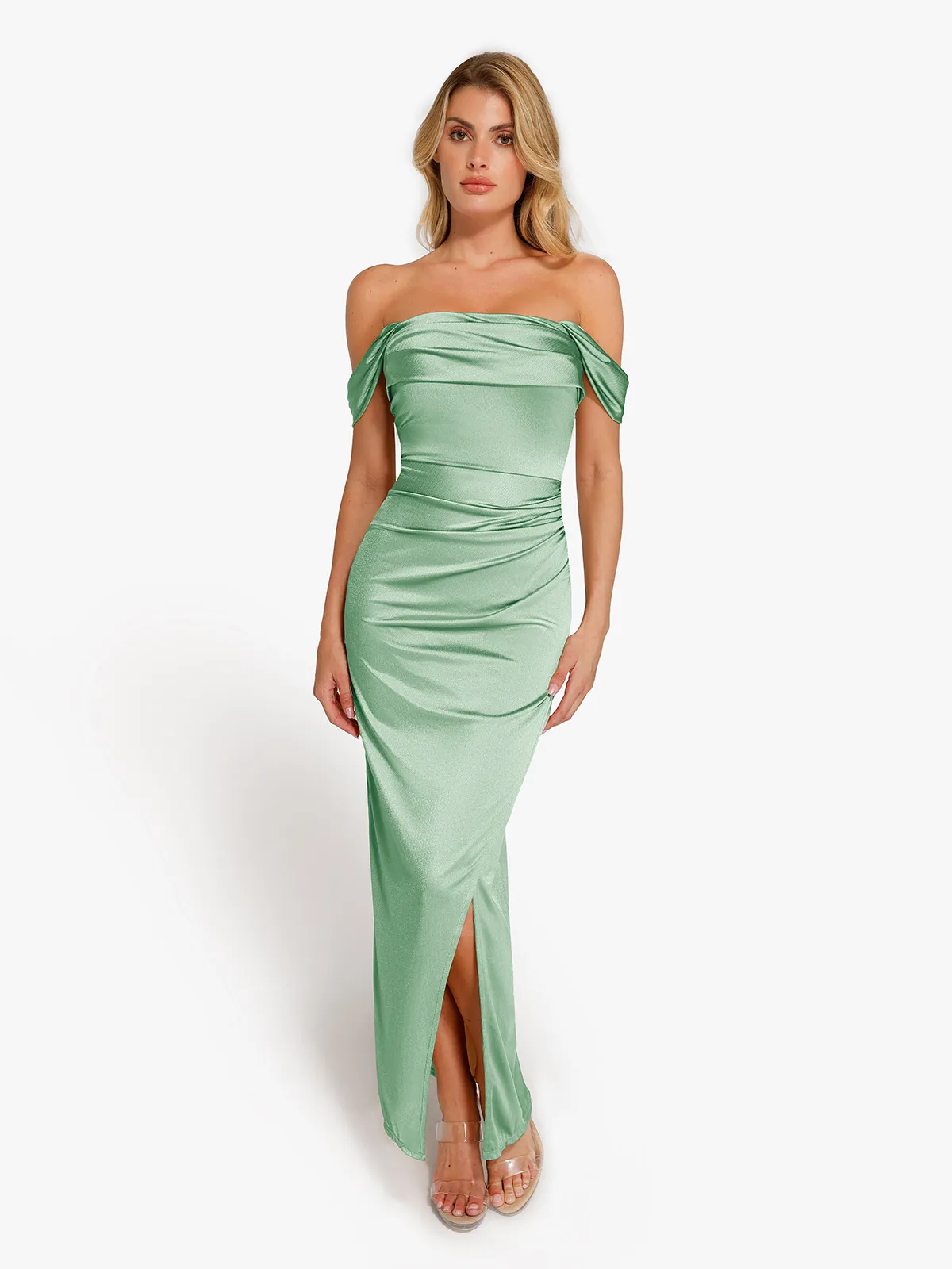 Shapewear Off Shoulder Shine Ruched Sculpting Maxi Dress - Image 57