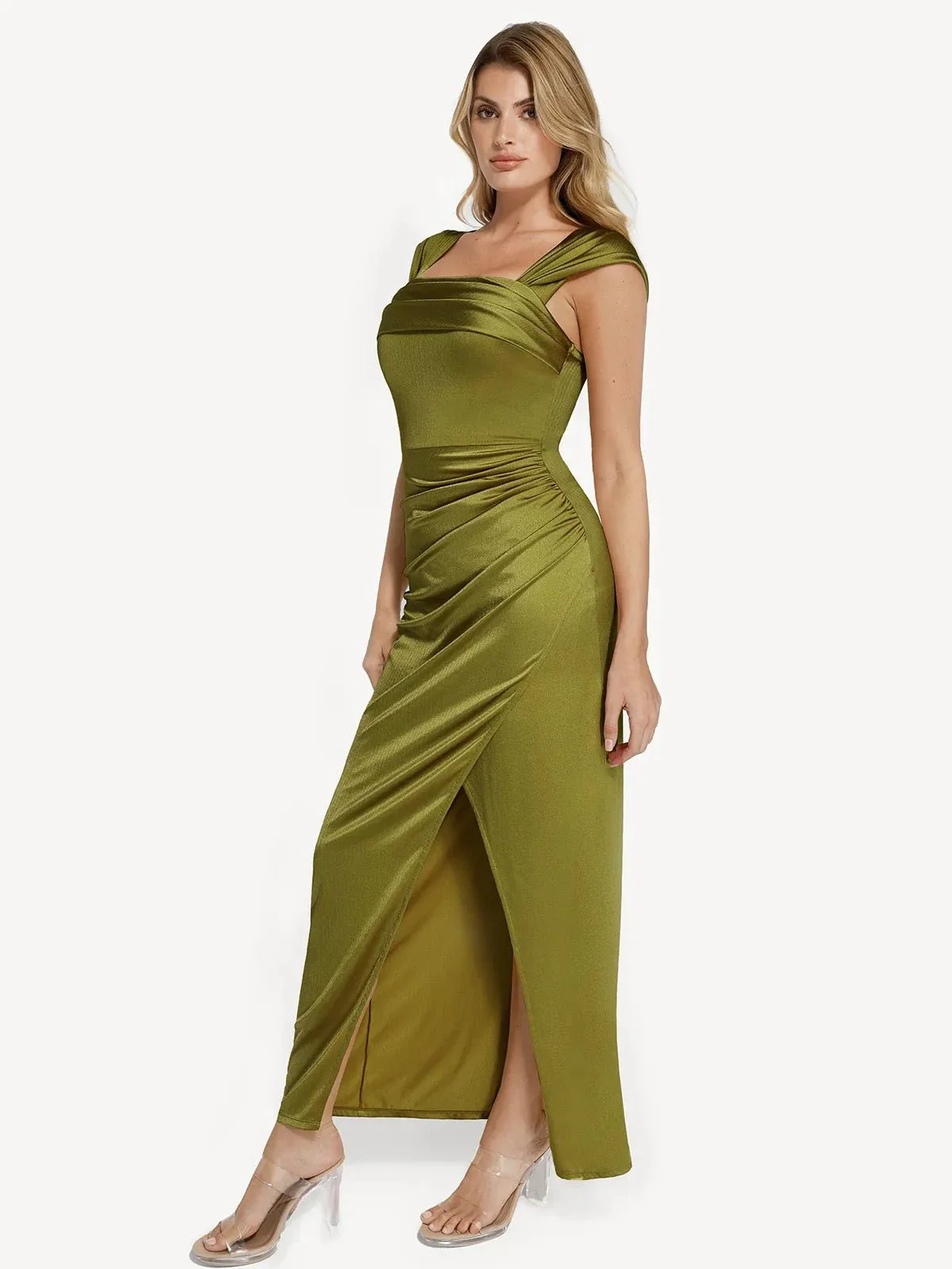 Shapewear Off Shoulder Shine Ruched Sculpting Maxi Dress - Image 65