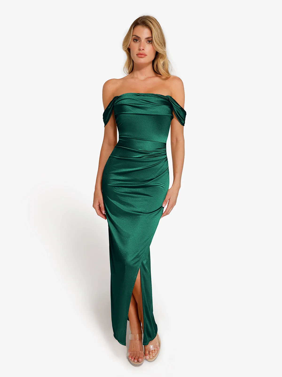 Shapewear Off Shoulder Shine Ruched Sculpting Maxi Dress - Image 71
