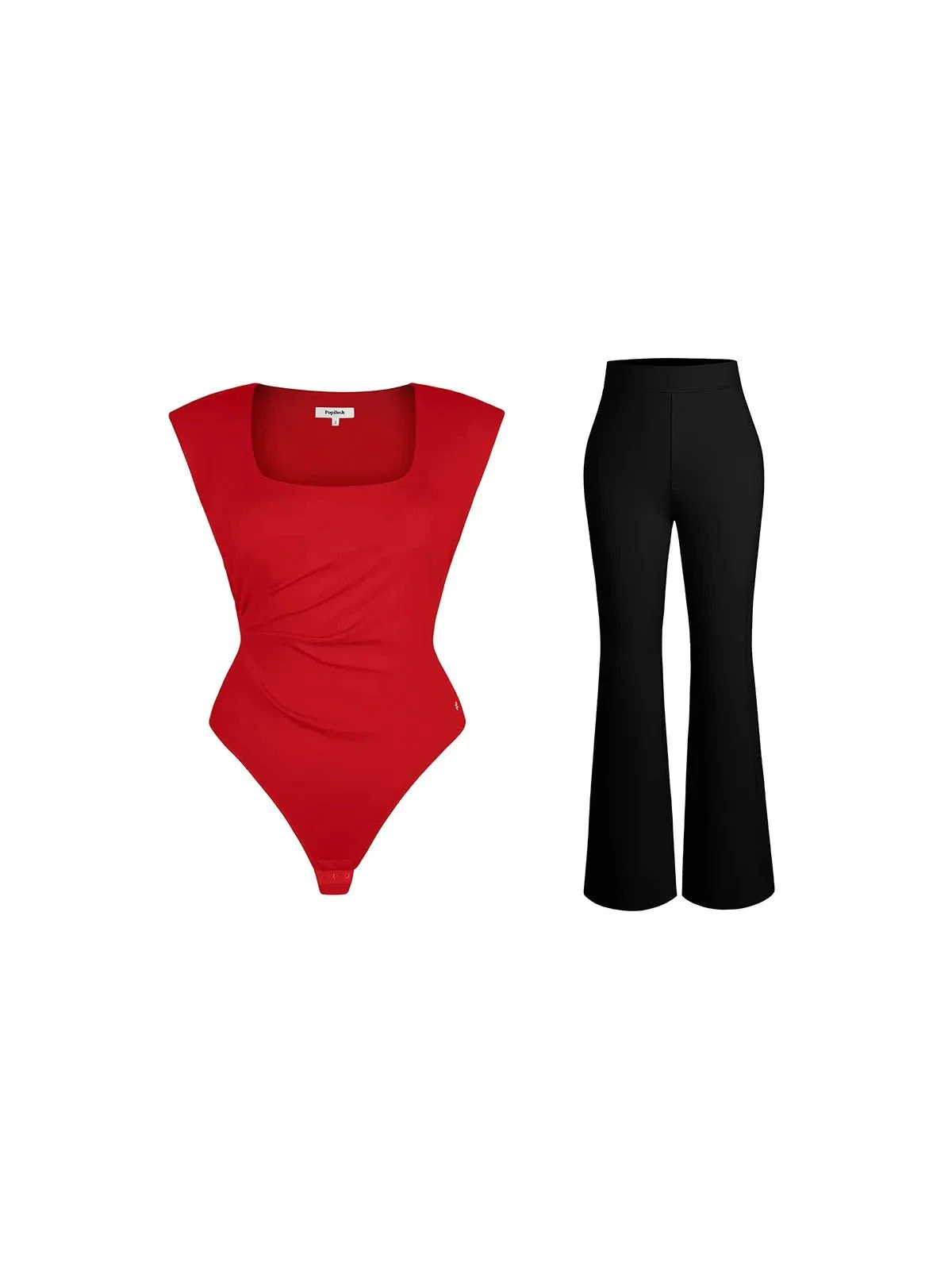 Shapewear Padded Shoulder Slimming Bodysuit Flare-Leg Pants Set - Image 15