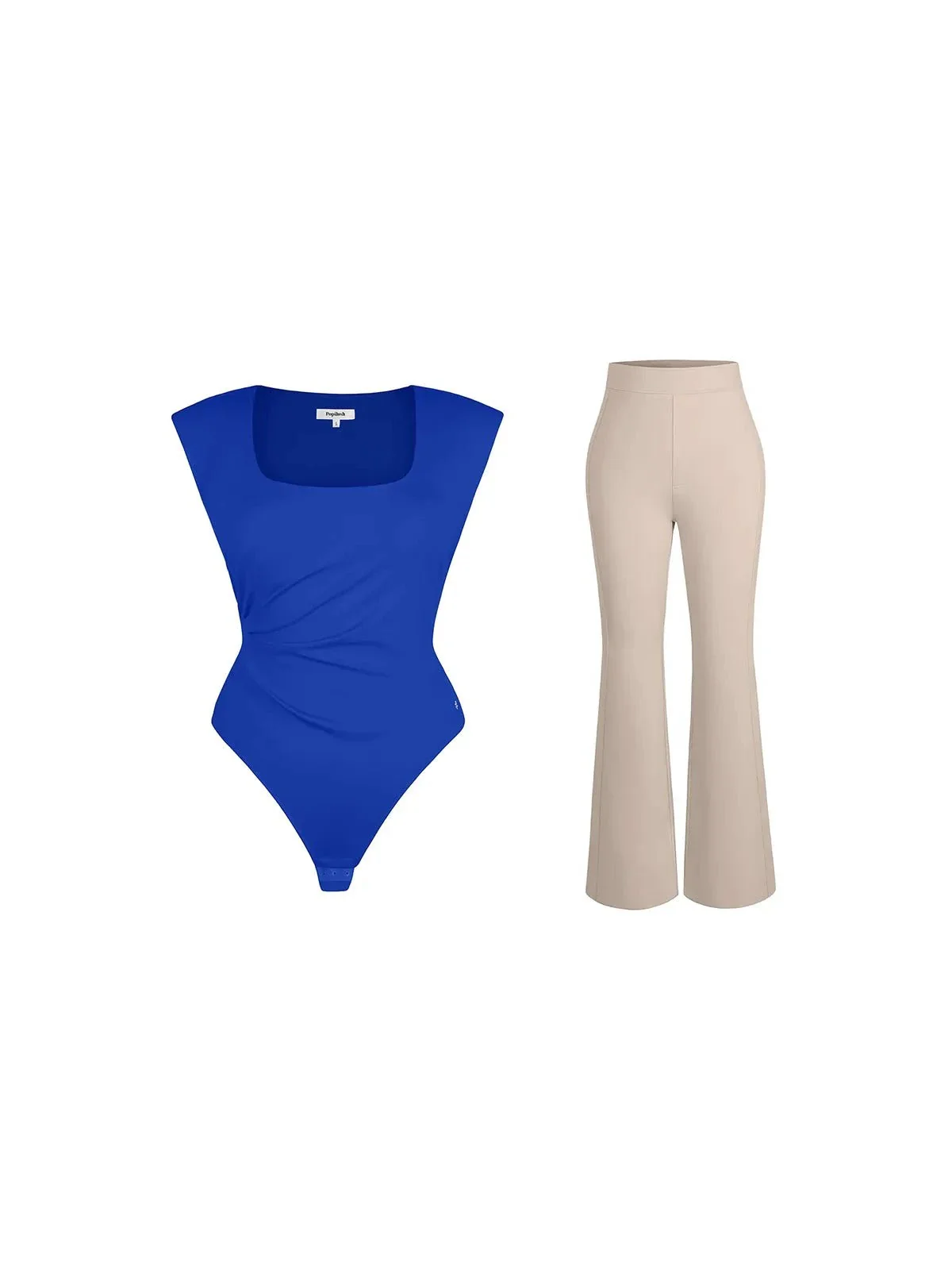 Shapewear Padded Shoulder Slimming Bodysuit Flare-Leg Pants Set - Image 17