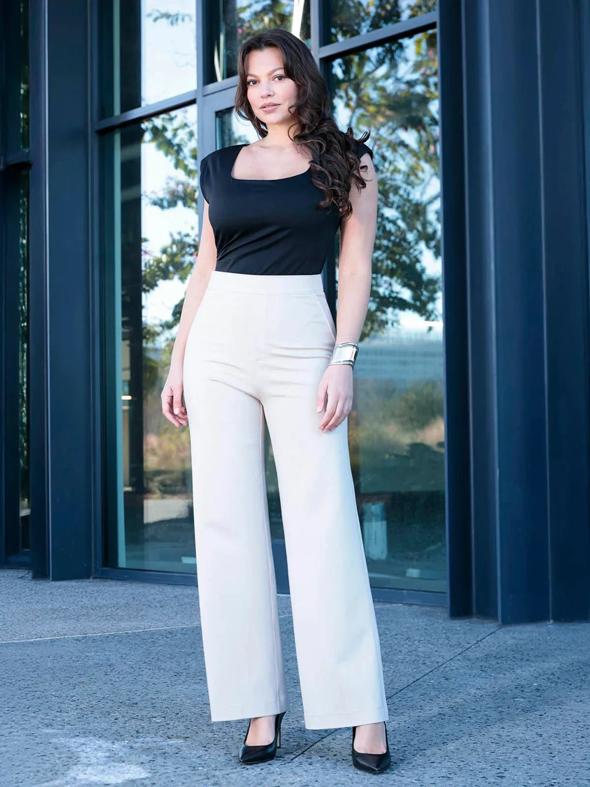 Shapewear Padded Shoulder Slimming Bodysuit Wide-Leg Pants Set - Image 4