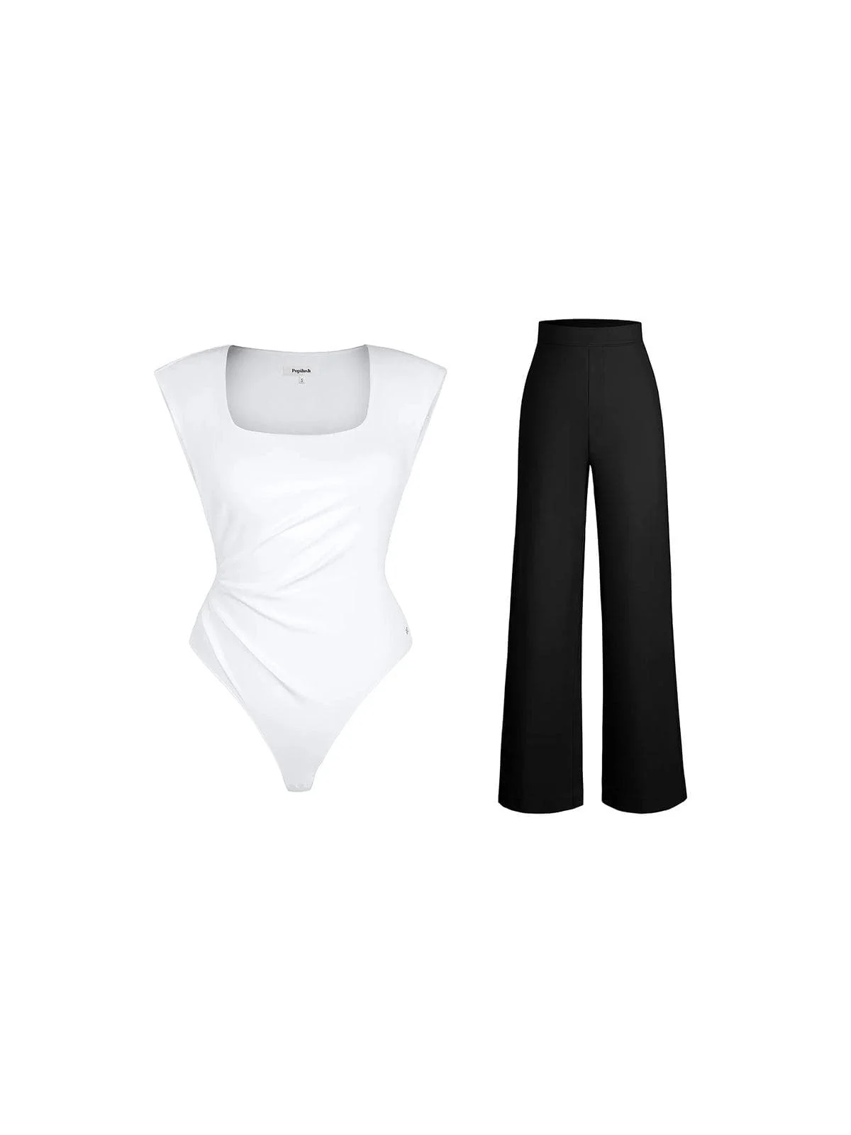 Shapewear Padded Shoulder Slimming Bodysuit Wide-Leg Pants Set - Image 7