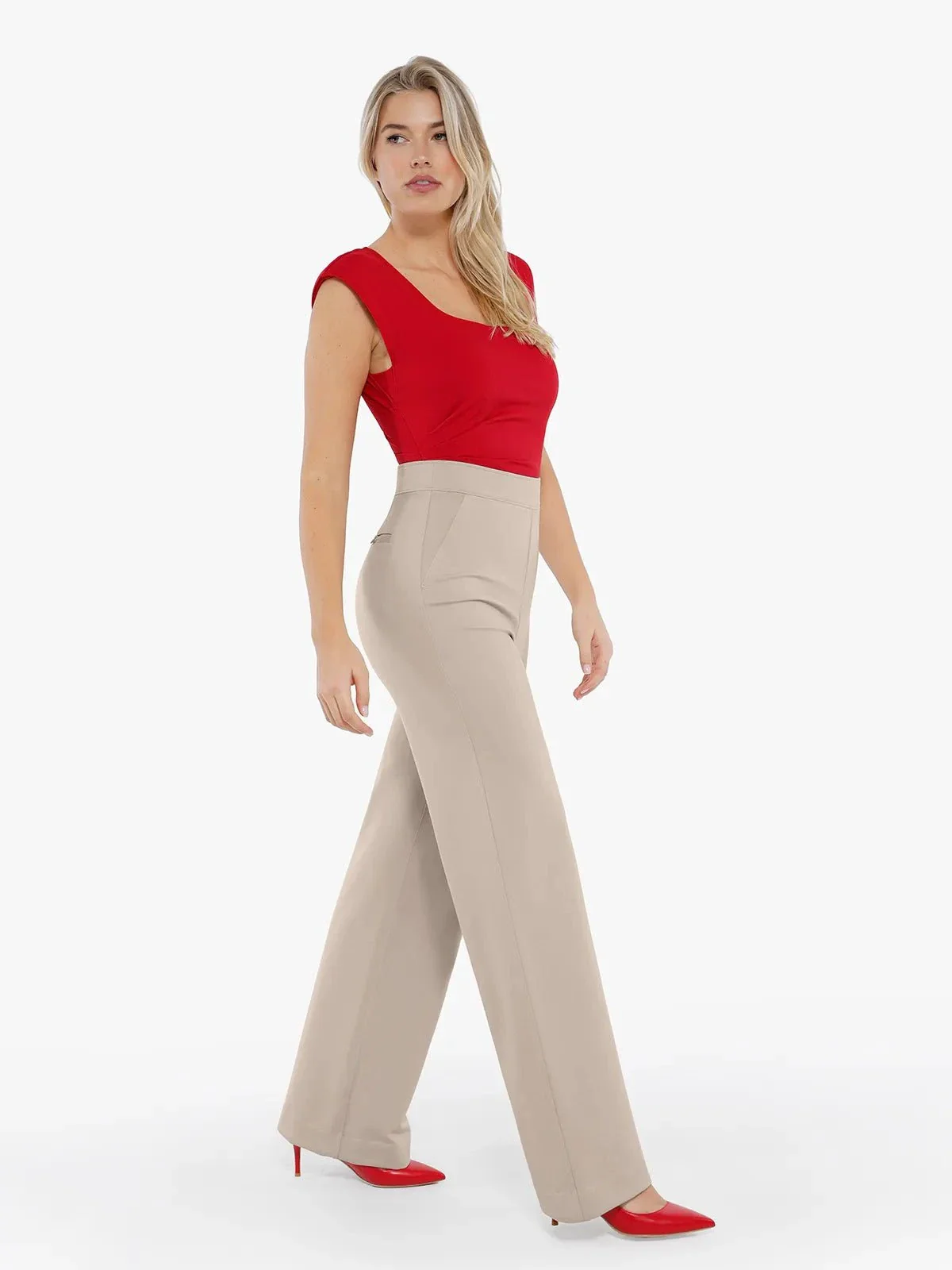 Shapewear Padded Shoulder Slimming Bodysuit Wide-Leg Pants Set - Image 9