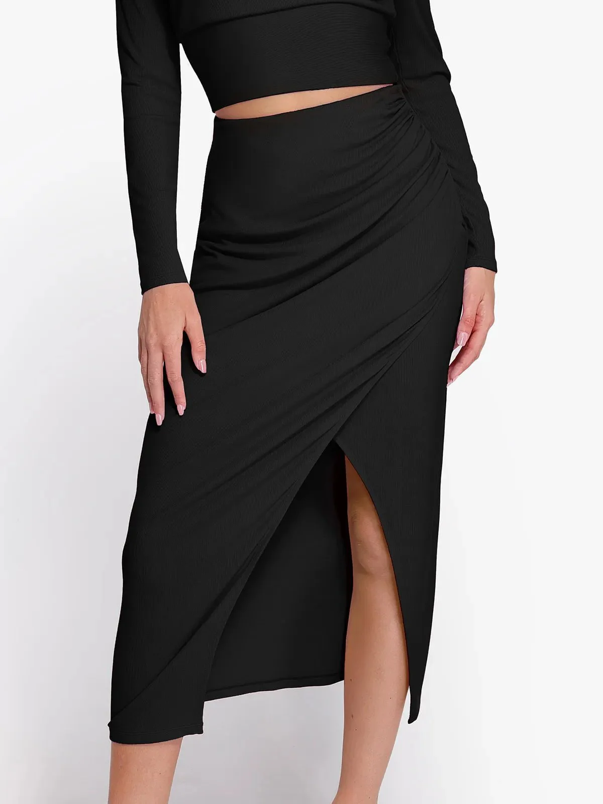 Shapewear Rib Modal Built In Sculpting Midi Wrap Skirt - Image 13