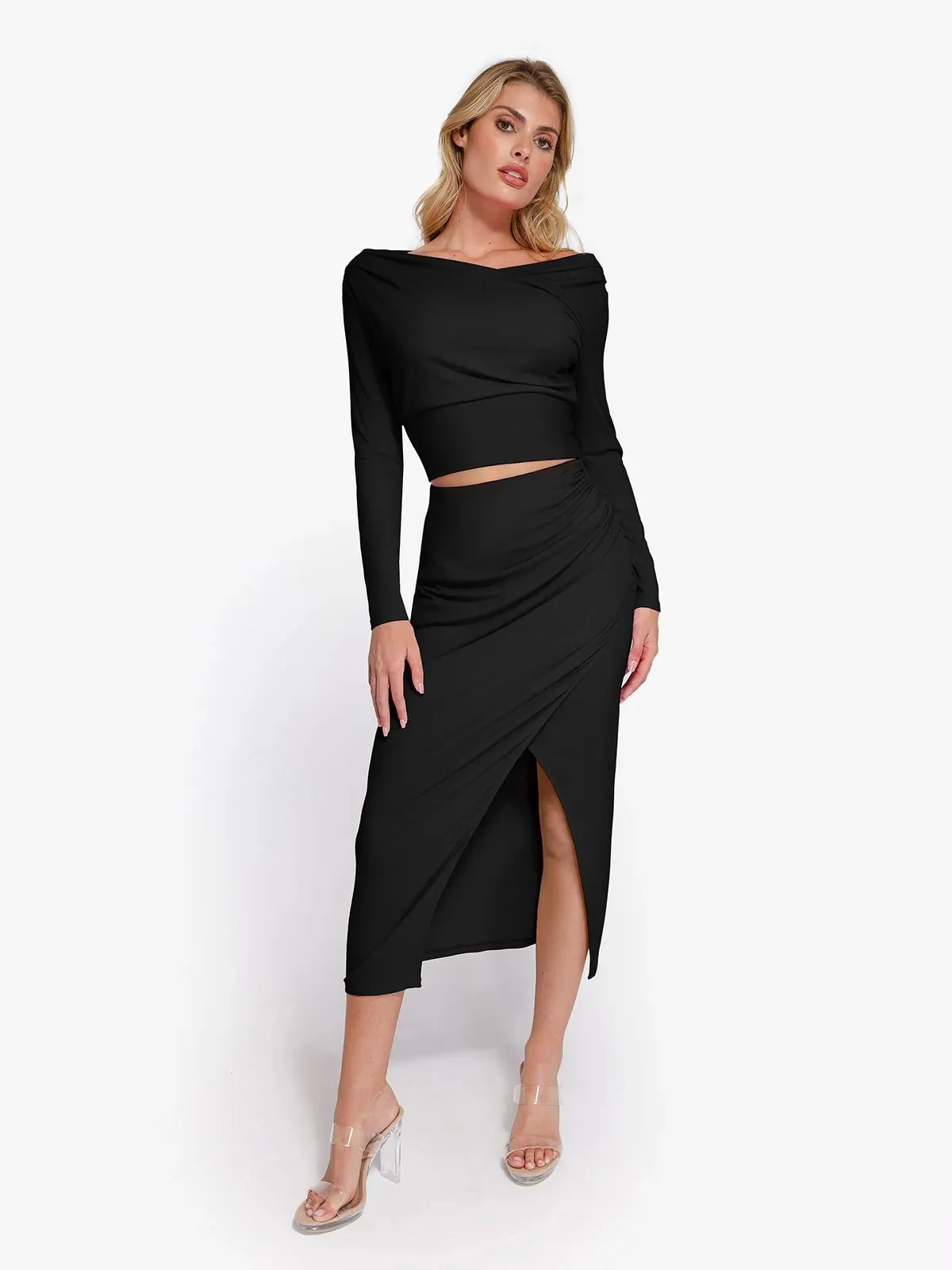 Shapewear Rib Modal Off-the-Shoulder Top Sculpting Skirt Set - Image 21
