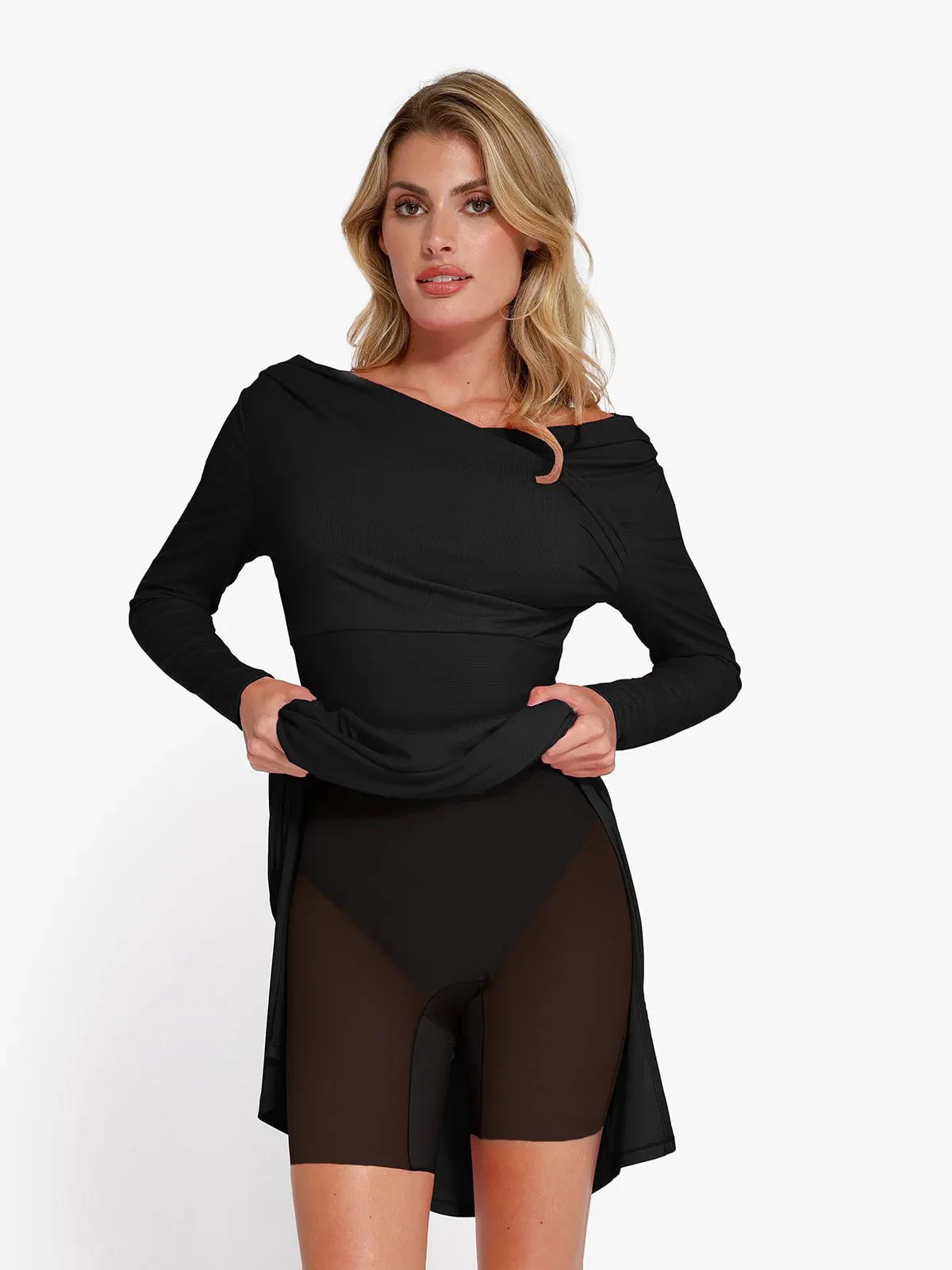 Shapewear Rib Modal Off-the-Shoulder Top Sculpting Skirt Set - Image 24