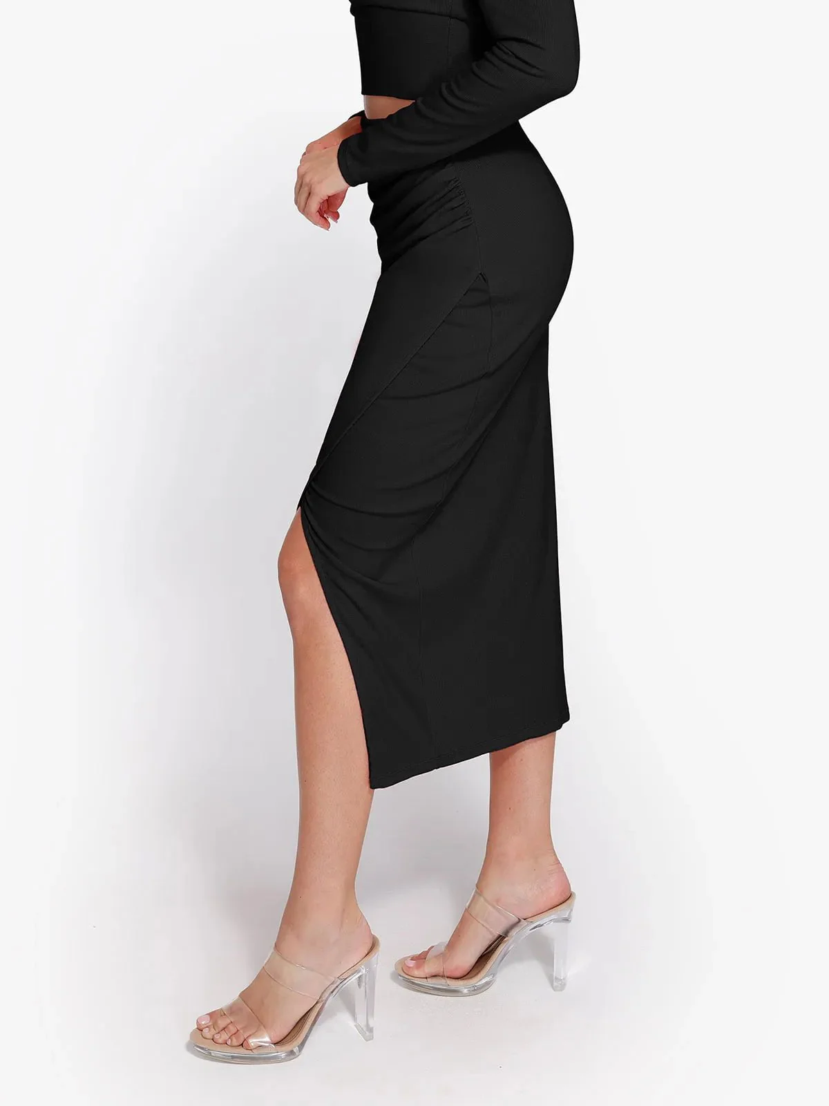 Shapewear Rib Modal Off-the-Shoulder Top Sculpting Skirt Set - Image 55