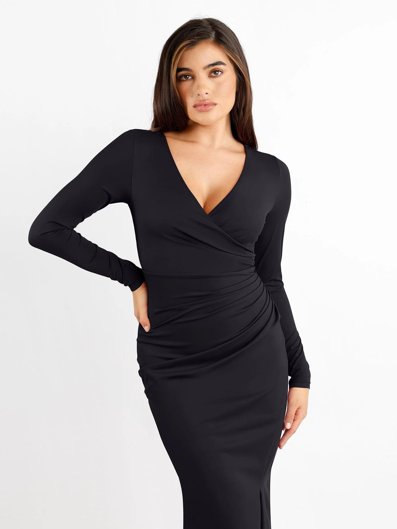 Shapewear Ruched Long Sleeve Faux Wrap Slimming Midi Dress For Insiders - Image 12