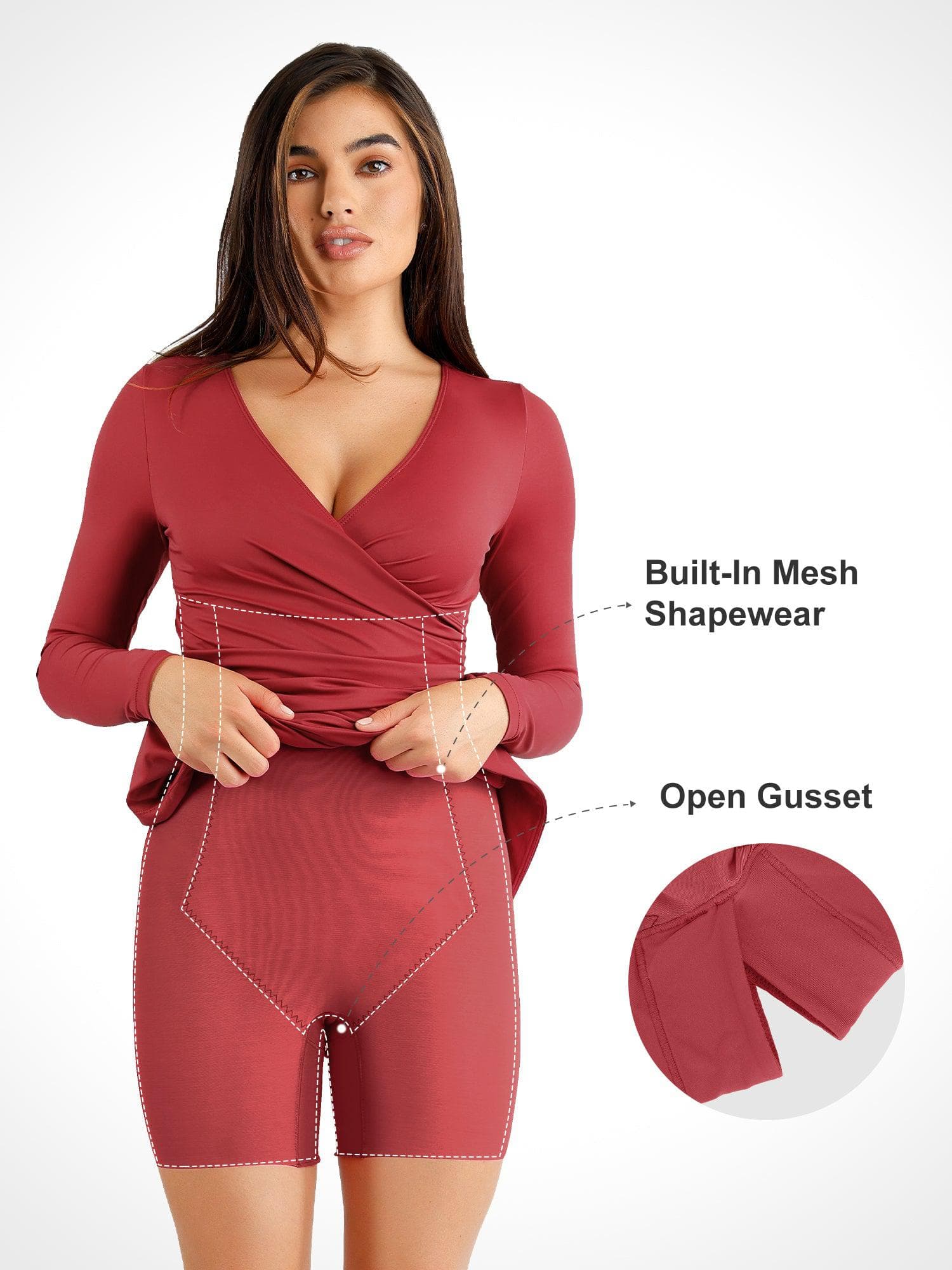 Shapewear Ruched Long Sleeve Faux Wrap Slimming Midi Dress - Image 7