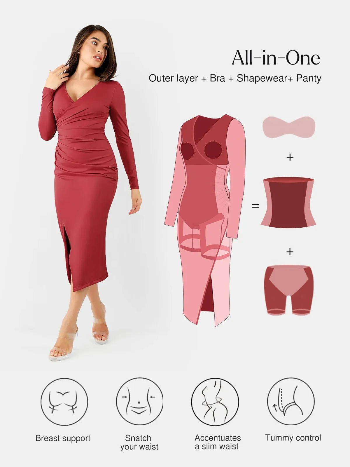 Shapewear Ruched Long Sleeve Faux Wrap Slimming Midi Dress - Image 8