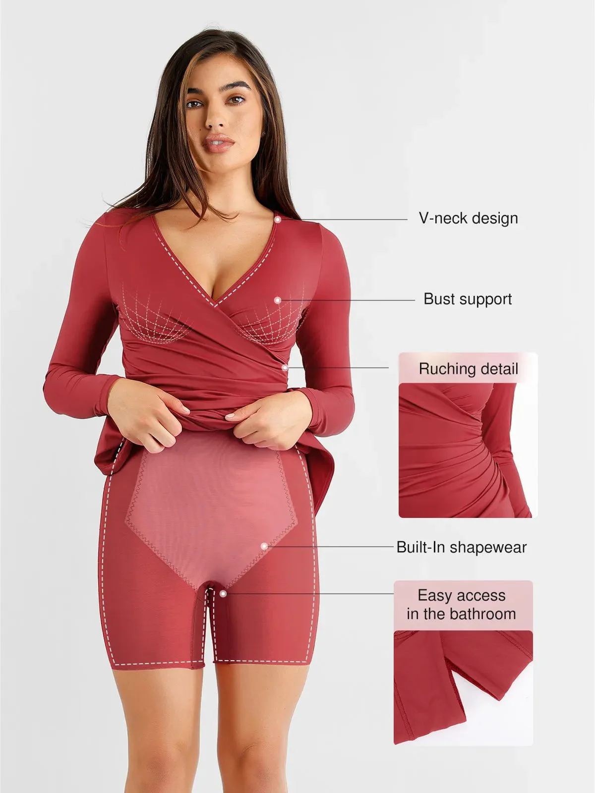 Shapewear Ruched Long Sleeve Faux Wrap Slimming Midi Dress - Image 9